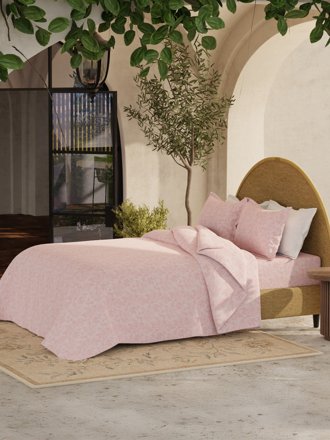 King Size Bedsheet Set with Gift Box - 100% Cotton 300 TC Pink Floral Rose Aroma, Nature Bouquet