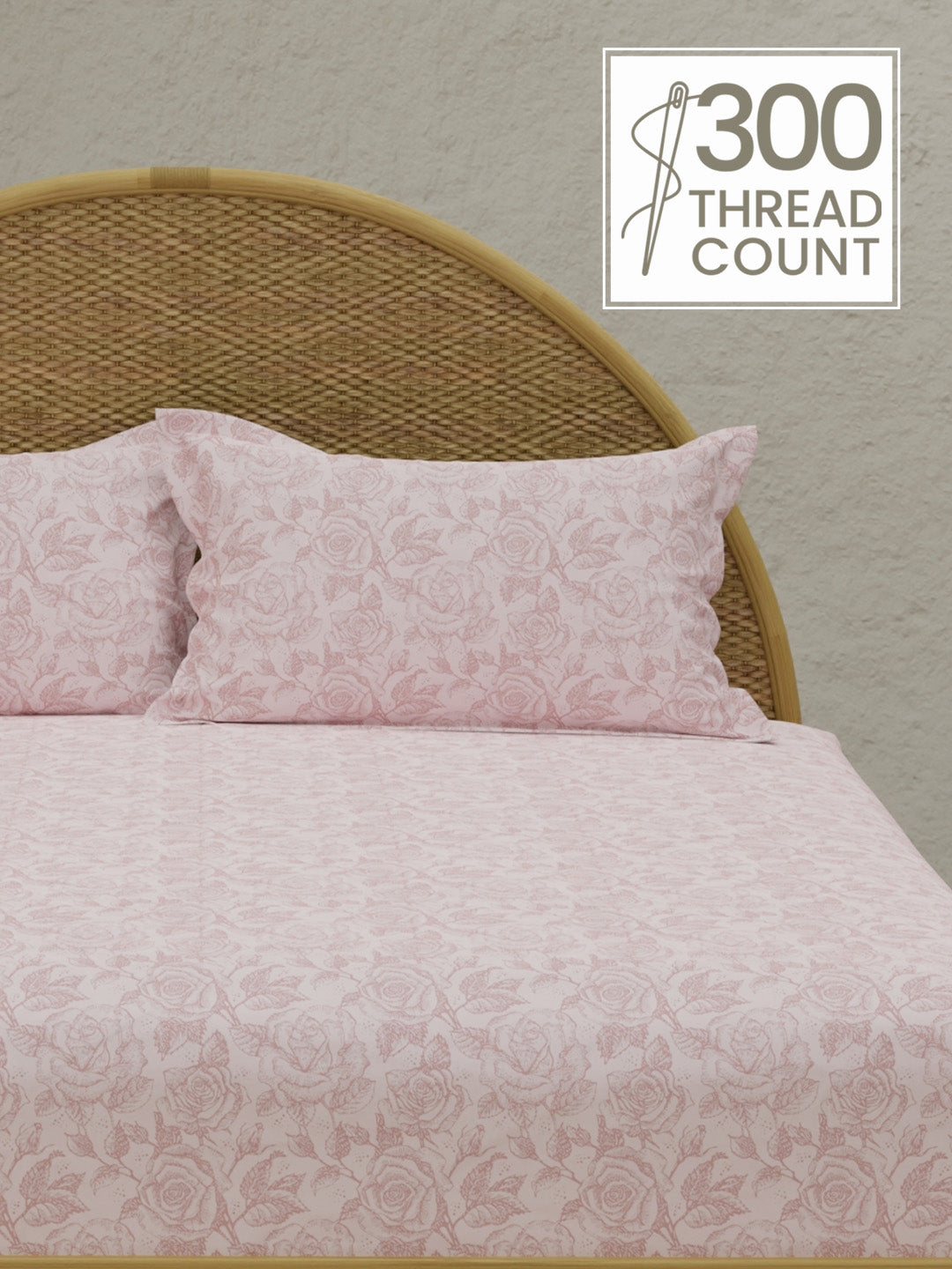 Rose Aroma, 100% Cotton 300 TC, Pink Floral King Bedsheet with 2 Pillow Covers (Nature Bouquet Collection)