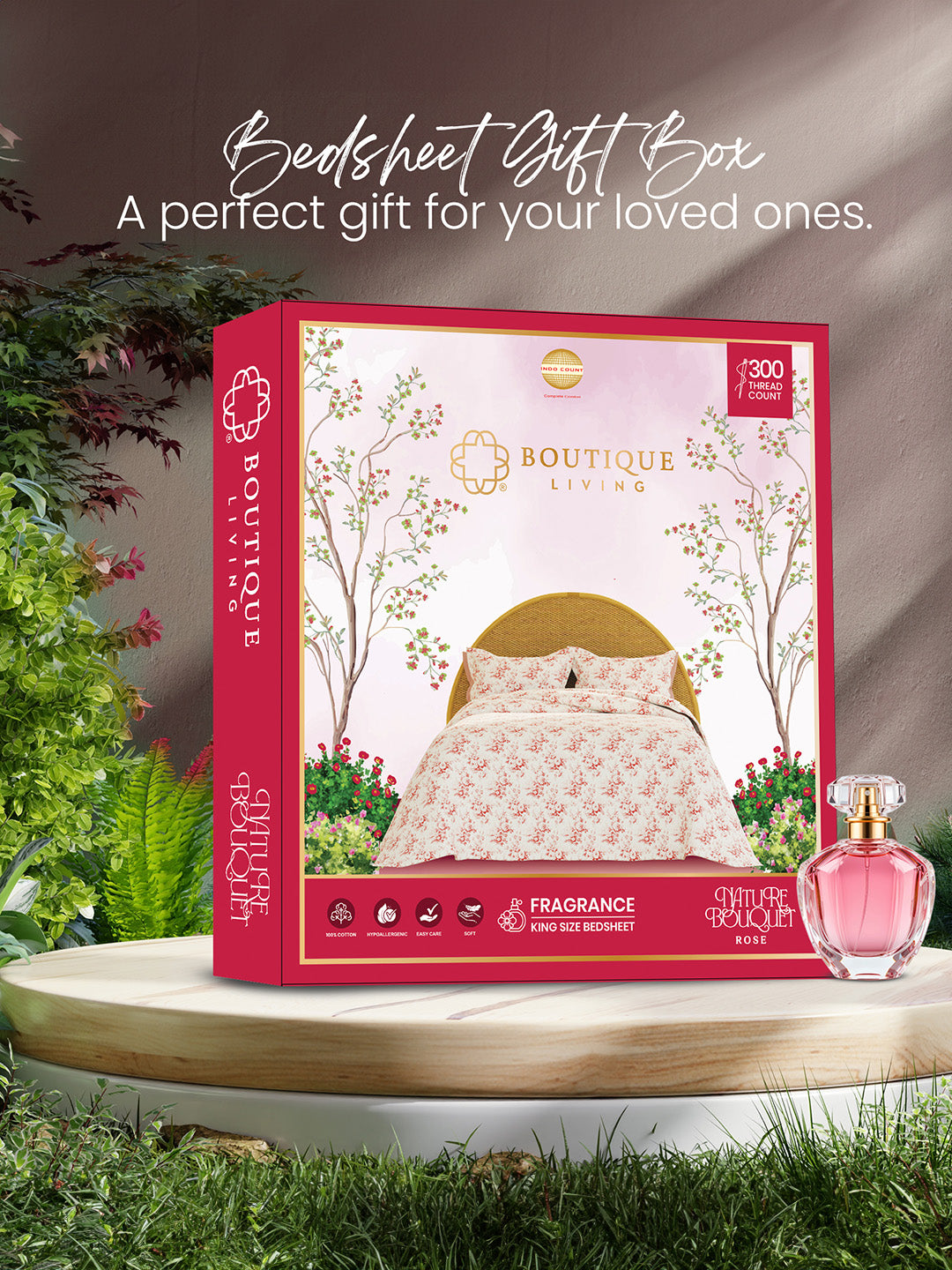 Rose Aroma, 100% Cotton 300 TC, Pink Floral King Bedsheet with 2 Pillow Covers (Nature Bouquet Collection)