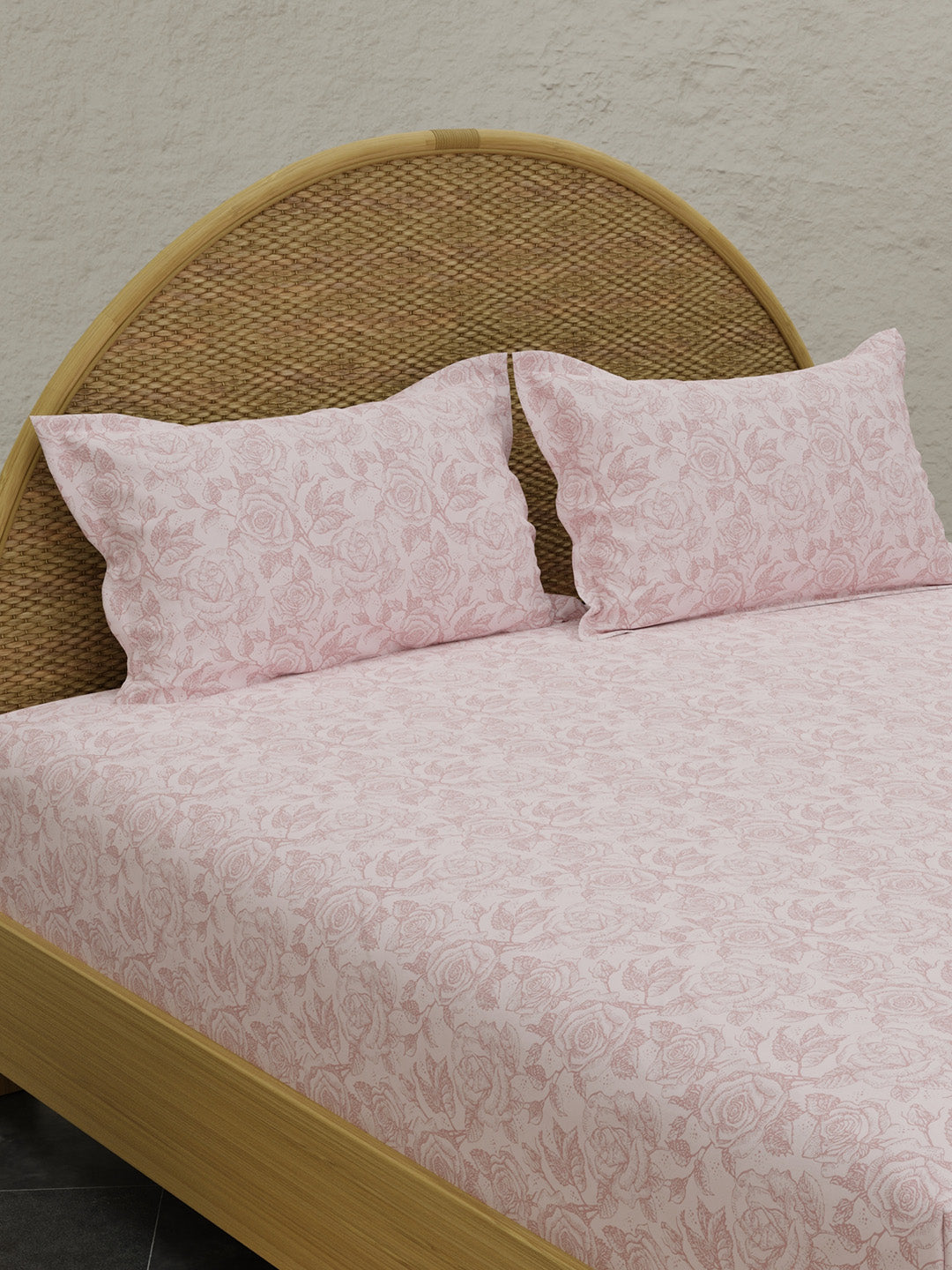 Rose Aroma, 100% Cotton 300 TC, Pink Floral King Bedsheet with 2 Pillow Covers (Nature Bouquet Collection)