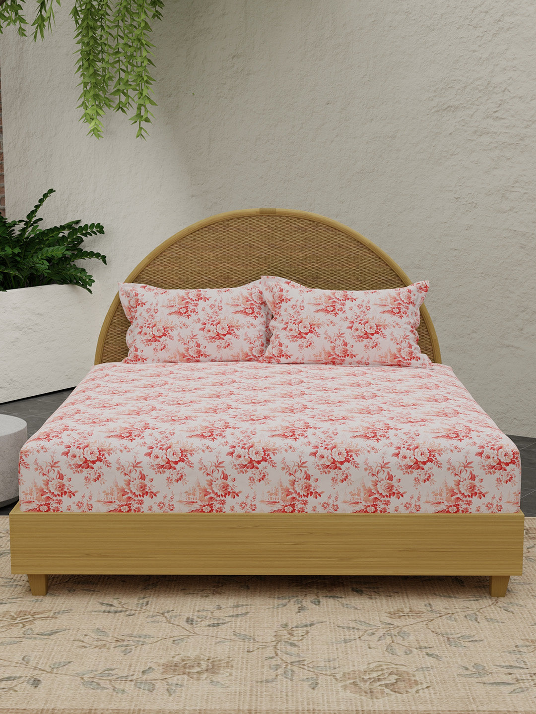 Rose Aroma, 100% Cotton 300 TC, Pink Floral King Bedsheet with 2 Pillow Covers (Nature Bouquet Collection)
