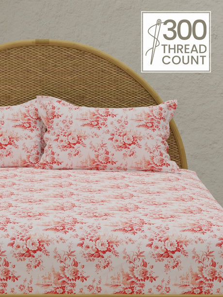 Rose Aroma, 100% Cotton 300 TC, Pink Floral King Bedsheet with 2 Pillow Covers (Nature Bouquet Collection)