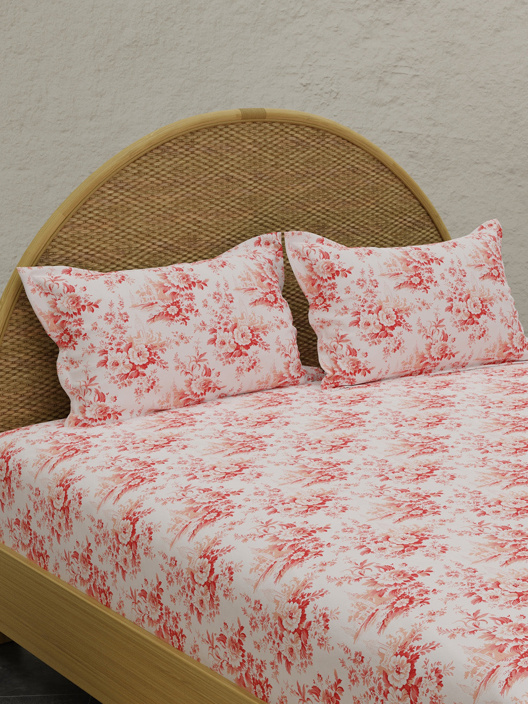 Rose Aroma, 100% Cotton 300 TC, Pink Floral King Bedsheet with 2 Pillow Covers (Nature Bouquet Collection)