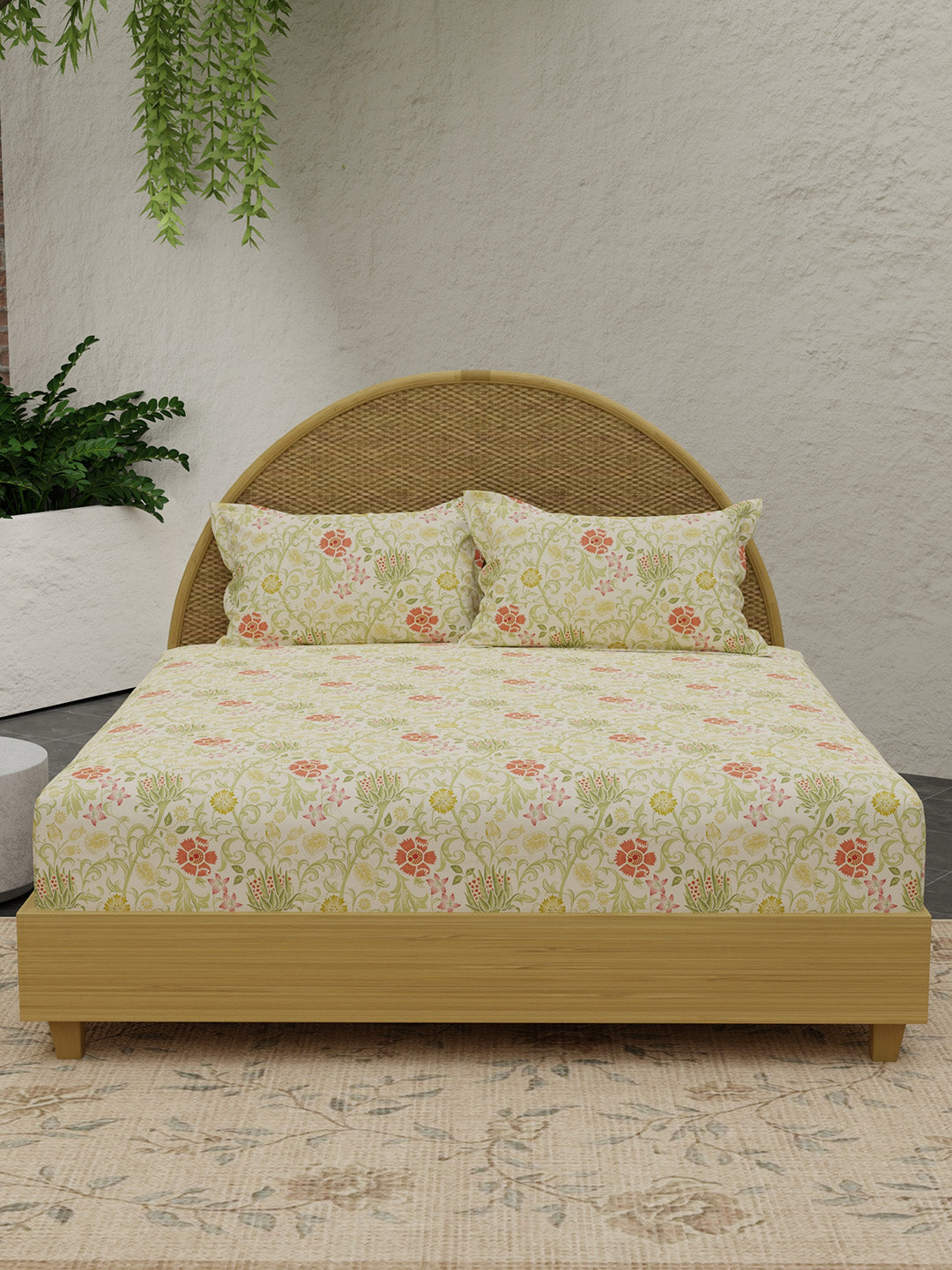 King Size Bedsheet Set with Gift Box - 100% Cotton 300 TC Green Floral Green Apple Aroma, Nature Bouquet