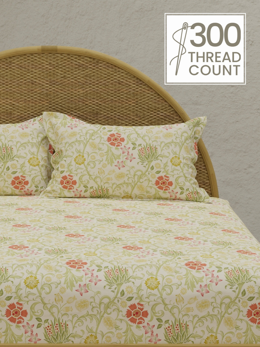 King Size Bedsheet Set with Gift Box - 100% Cotton 300 TC Green Floral Green Apple Aroma, Nature Bouquet
