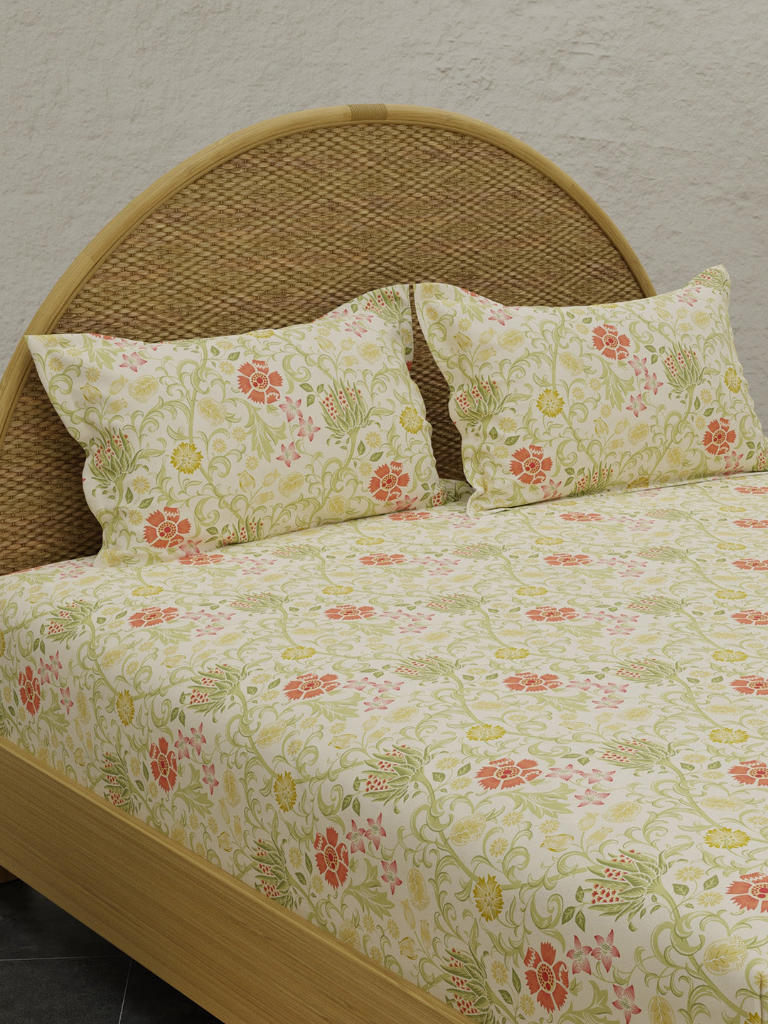 Green Apple Aroma, 100% Cotton 300 TC, Green Floral King Bedsheet with 2 Pillow Covers (Nature Bouquet Collection)