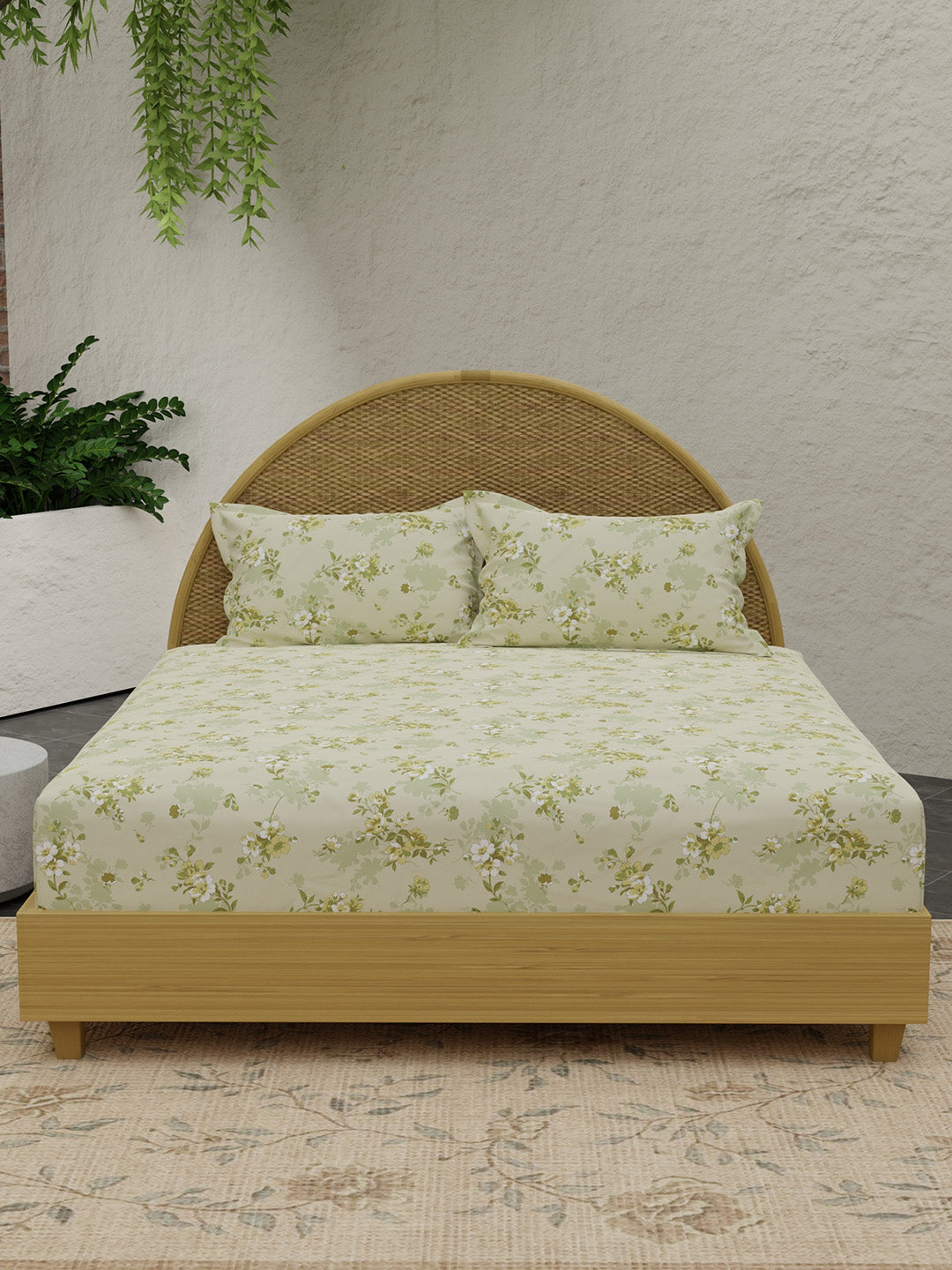 Green Apple Aroma, 100% Cotton 300 TC, Green Floral King Bedsheet with 2 Pillow Covers (Nature Bouquet Collection)