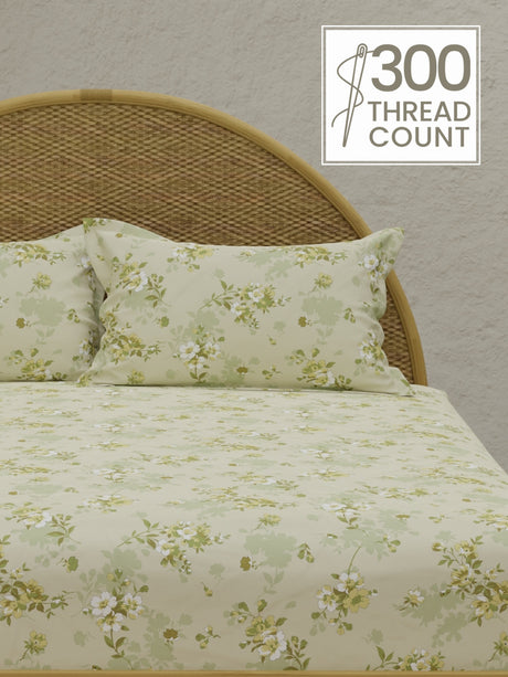 Green Apple Aroma, 100% Cotton 300 TC, Green Floral King Bedsheet with 2 Pillow Covers (Nature Bouquet Collection)