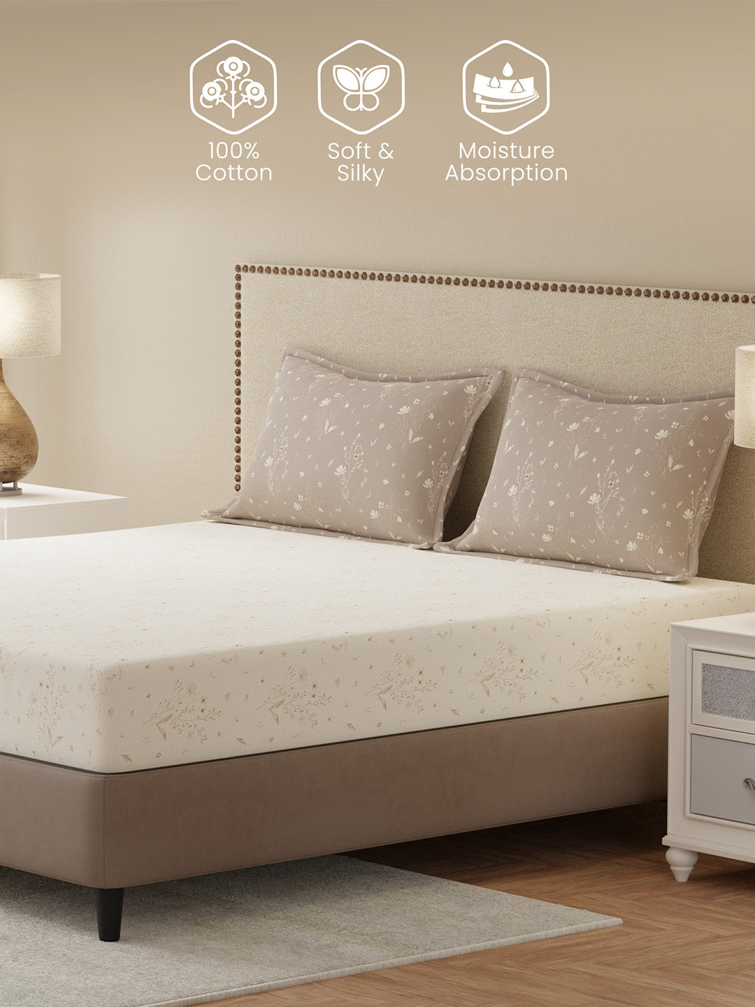 100% Cotton King Bedsheet Set, 300 TC Cream & Grey Floral, Gardenia Augusta