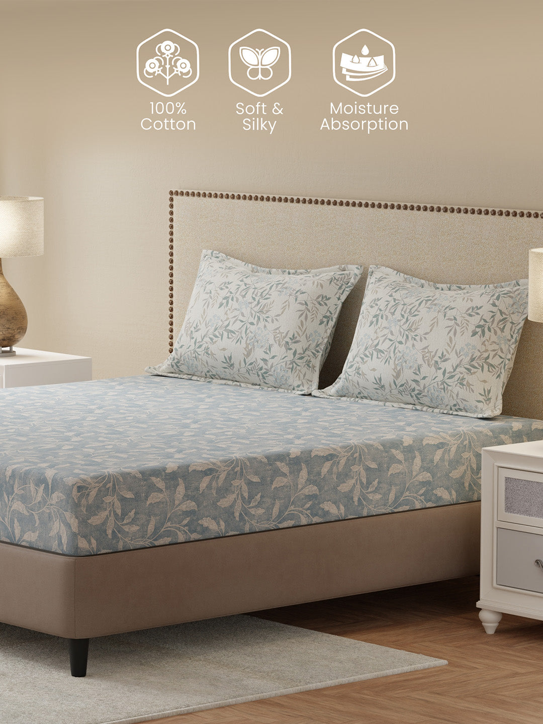 100% Cotton King Bedsheet Set, 300 TC Blue & Grey Floral, Gardenia Augusta