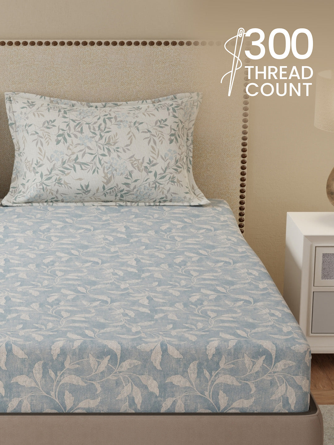 100% Cotton King Bedsheet Set, 300 TC Blue & Grey Floral, Gardenia Augusta