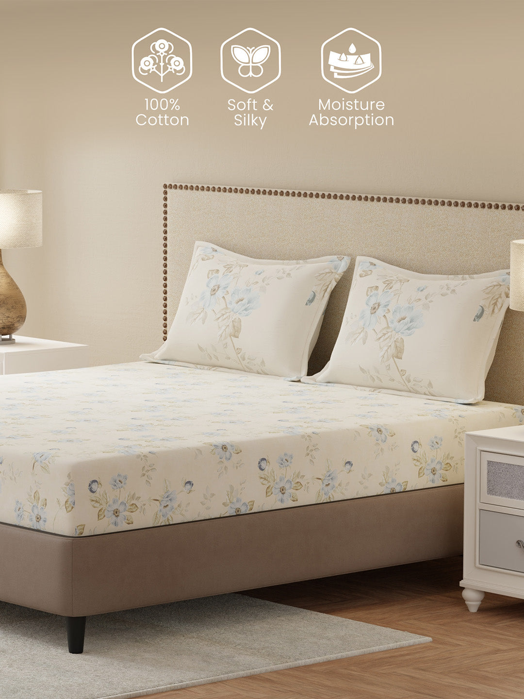 100% Cotton King Bedsheet Set, 300 TC Blue & Cream Floral, Gardenia Augusta