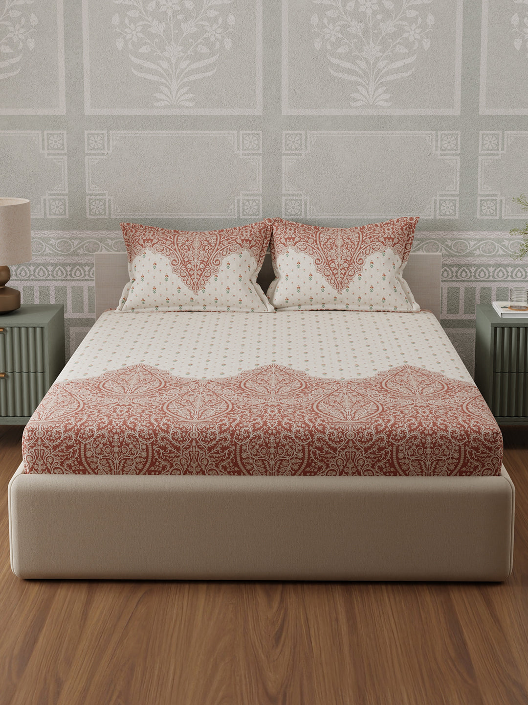 100% Cotton 300 TC, White & Brown Digitally Printed King Bedsheet with 2 Pillow Covers (Gardenia Augusta Vintage Collection)