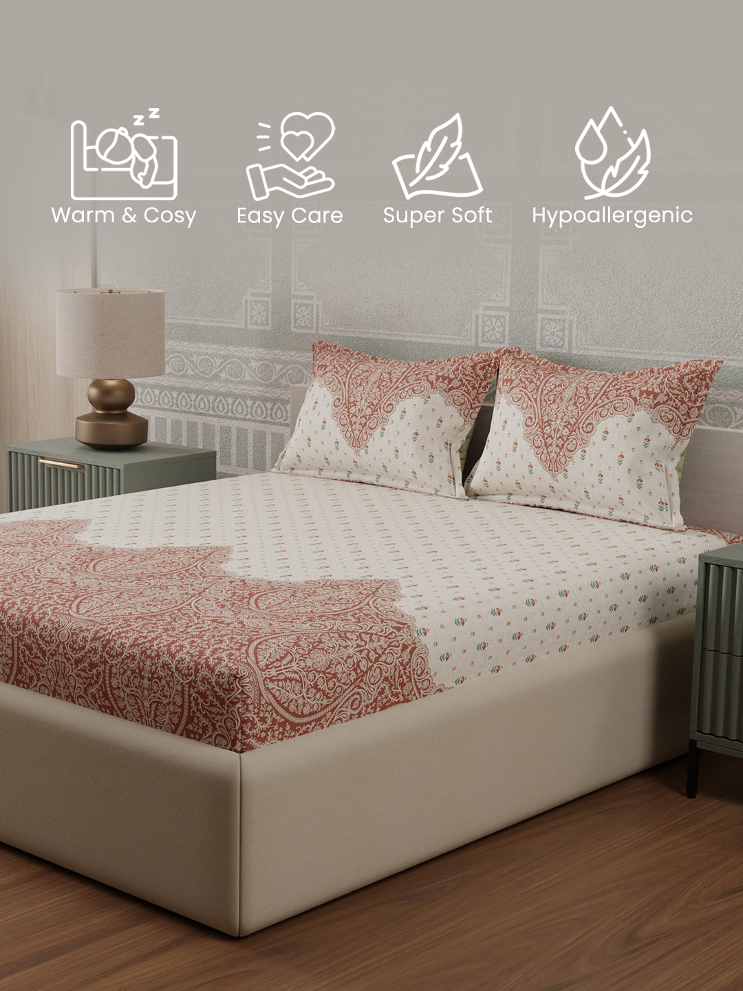 100% Cotton 300 TC, White & Brown Digitally Printed King Bedsheet with 2 Pillow Covers (Gardenia Augusta Vintage Collection)