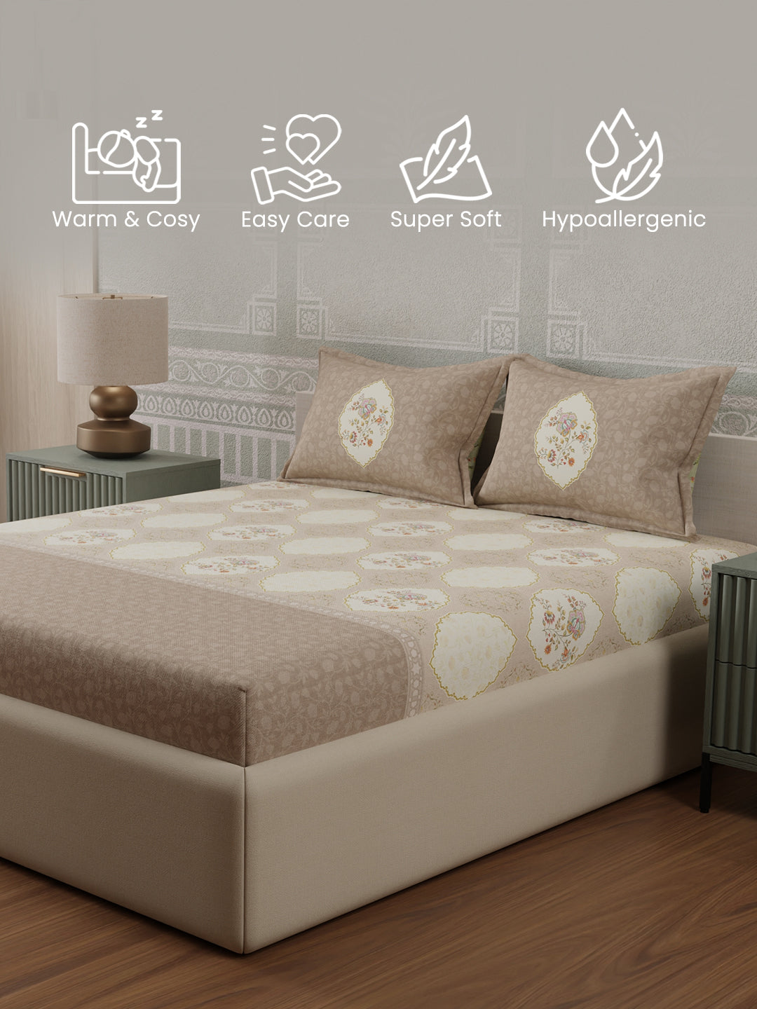 100% Cotton 300 TC, Grey Digitally Printed King Bedsheet with 2 Pillow Covers (Gardenia Augusta Vintage Collection)