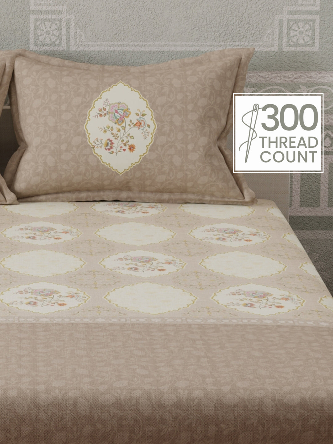 100% Cotton 300 TC, Grey Digitally Printed King Bedsheet with 2 Pillow Covers (Gardenia Augusta Vintage Collection)