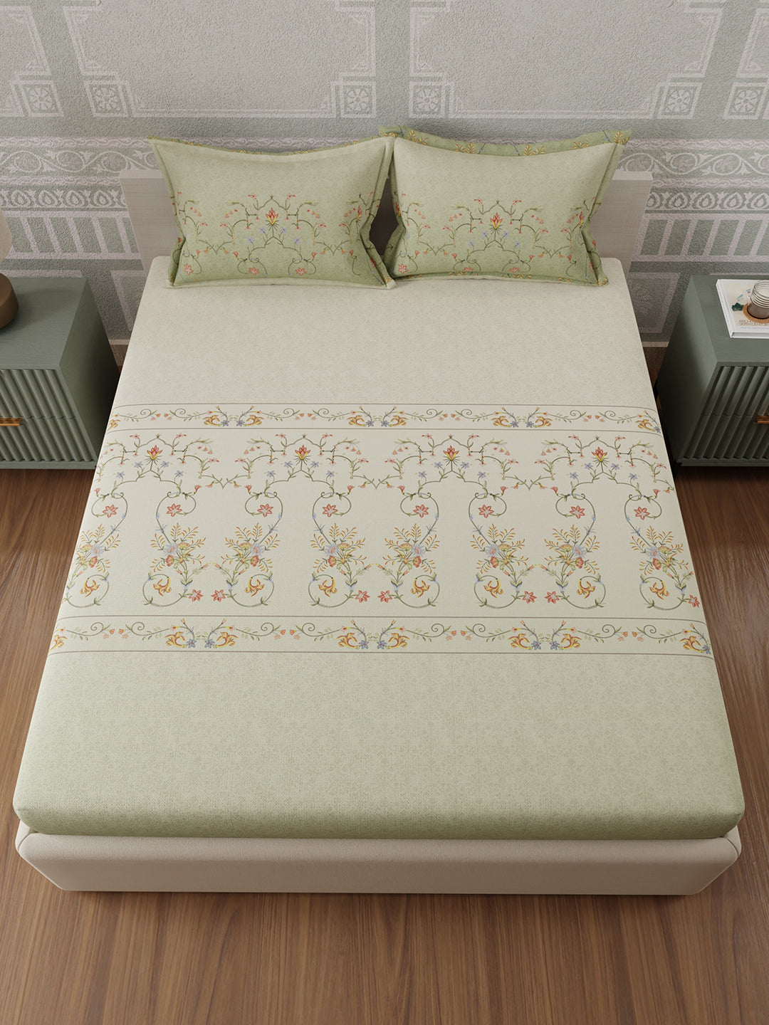 100% Cotton 300 TC, Green & Cream Digitally Printed King Bedsheet with 2 Pillow Covers (Gardenia Augusta Vintage Collection)