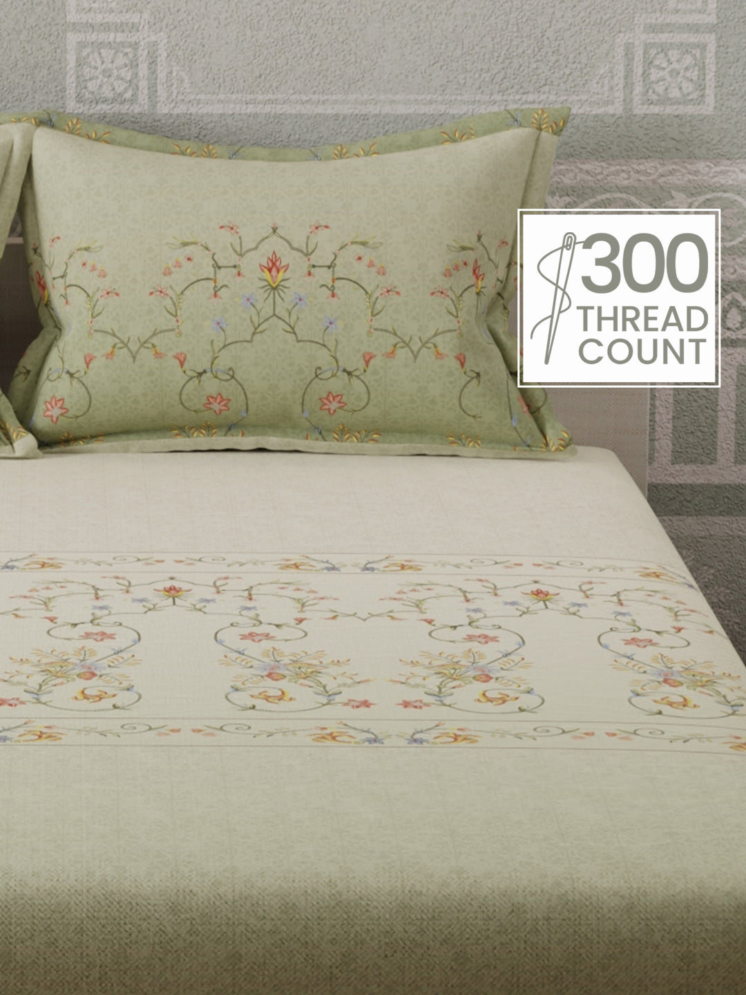 100% Cotton 300 TC, Green & Cream Digitally Printed King Bedsheet with 2 Pillow Covers (Gardenia Augusta Vintage Collection)