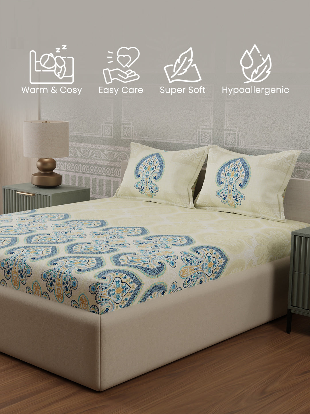 100% Cotton 300 TC, Blue & Cream Digitally Printed King Bedsheet with 2 Pillow Covers (Gardenia Augusta Vintage Collection)