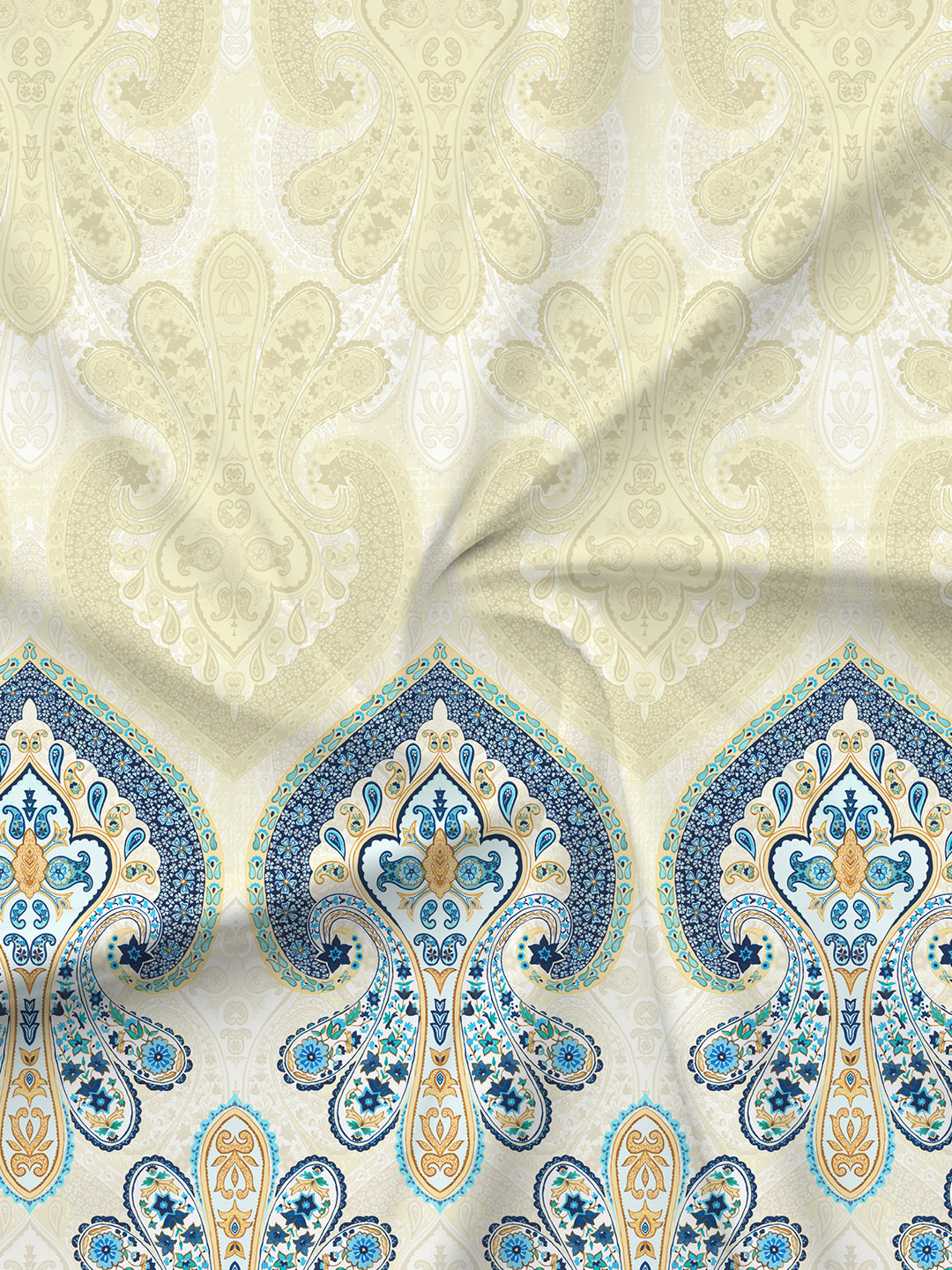 100% Cotton 300 TC, Blue & Cream Digitally Printed King Bedsheet with 2 Pillow Covers (Gardenia Augusta Vintage Collection)