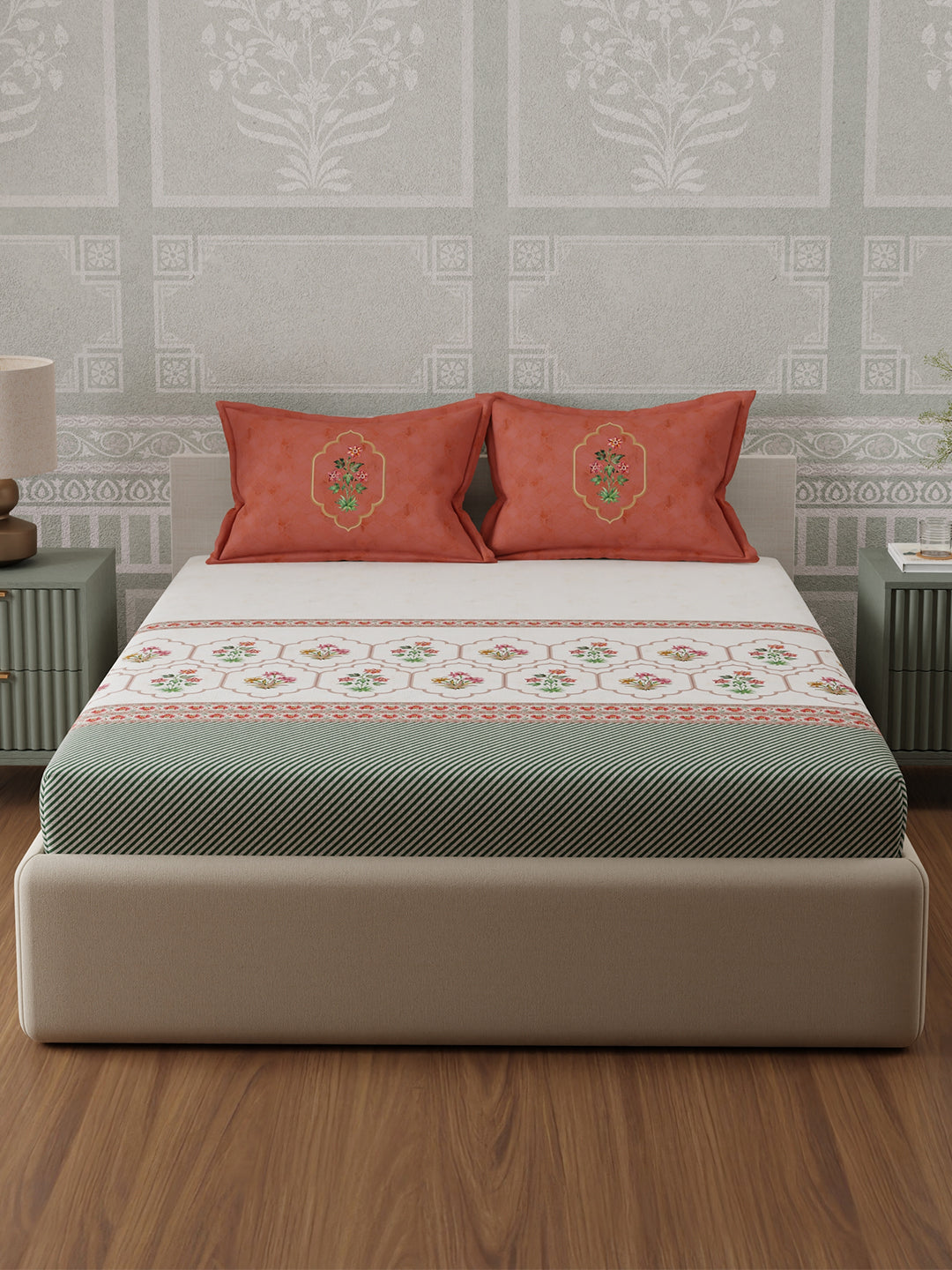 100% Cotton 300 TC, Red & White Digitally Printed King Bedsheet with 2 Pillow Covers (Gardenia Augusta Vintage Collection)