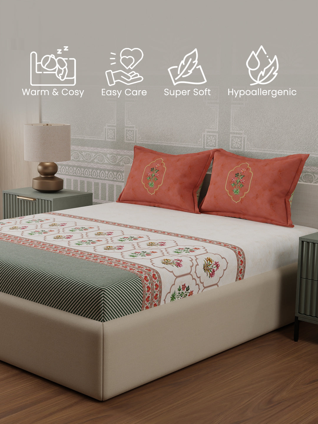 100% Cotton 300 TC, Red & White Digitally Printed King Bedsheet with 2 Pillow Covers (Gardenia Augusta Vintage Collection)