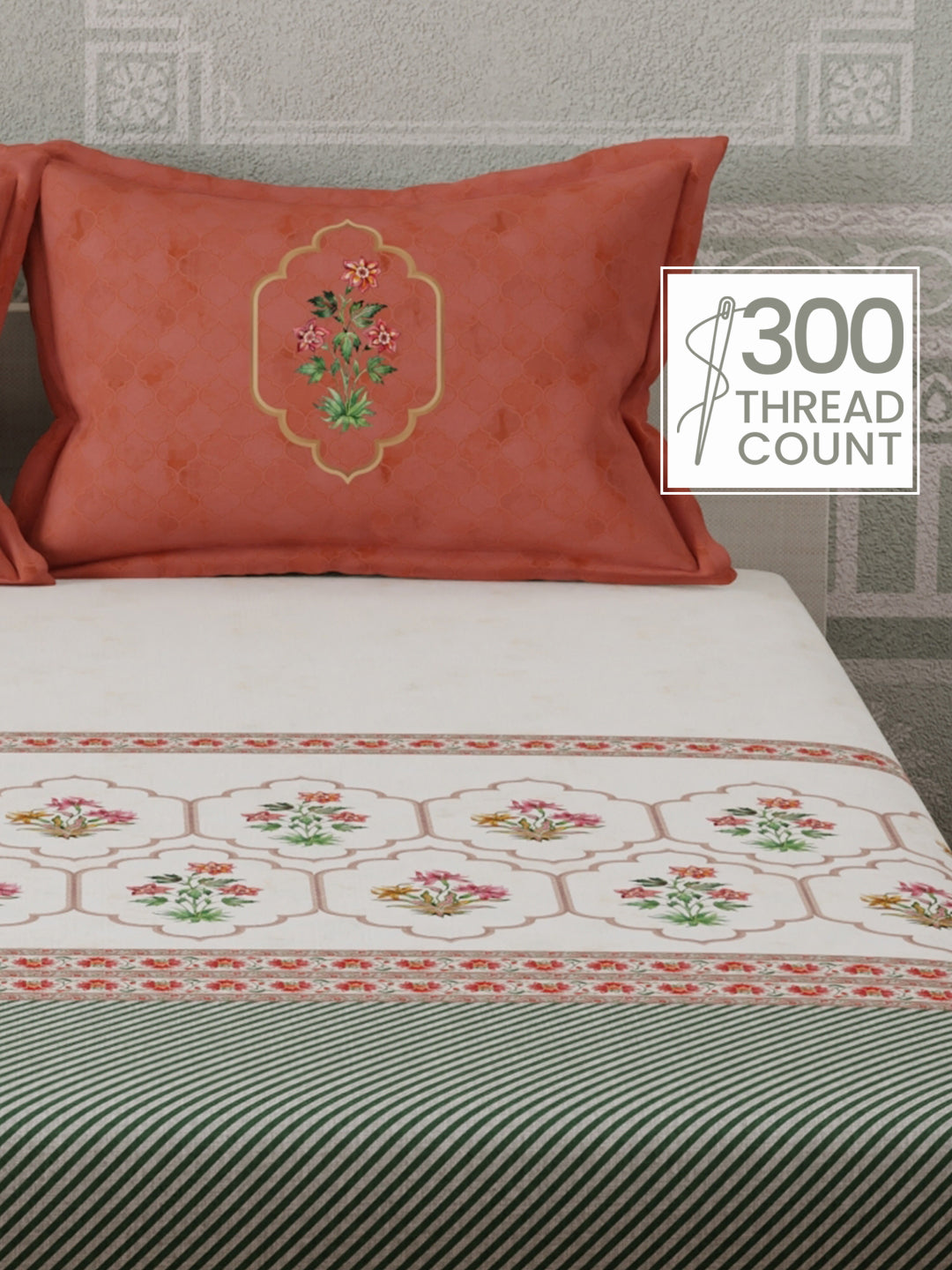 100% Cotton 300 TC, Red & White Digitally Printed King Bedsheet with 2 Pillow Covers (Gardenia Augusta Vintage Collection)