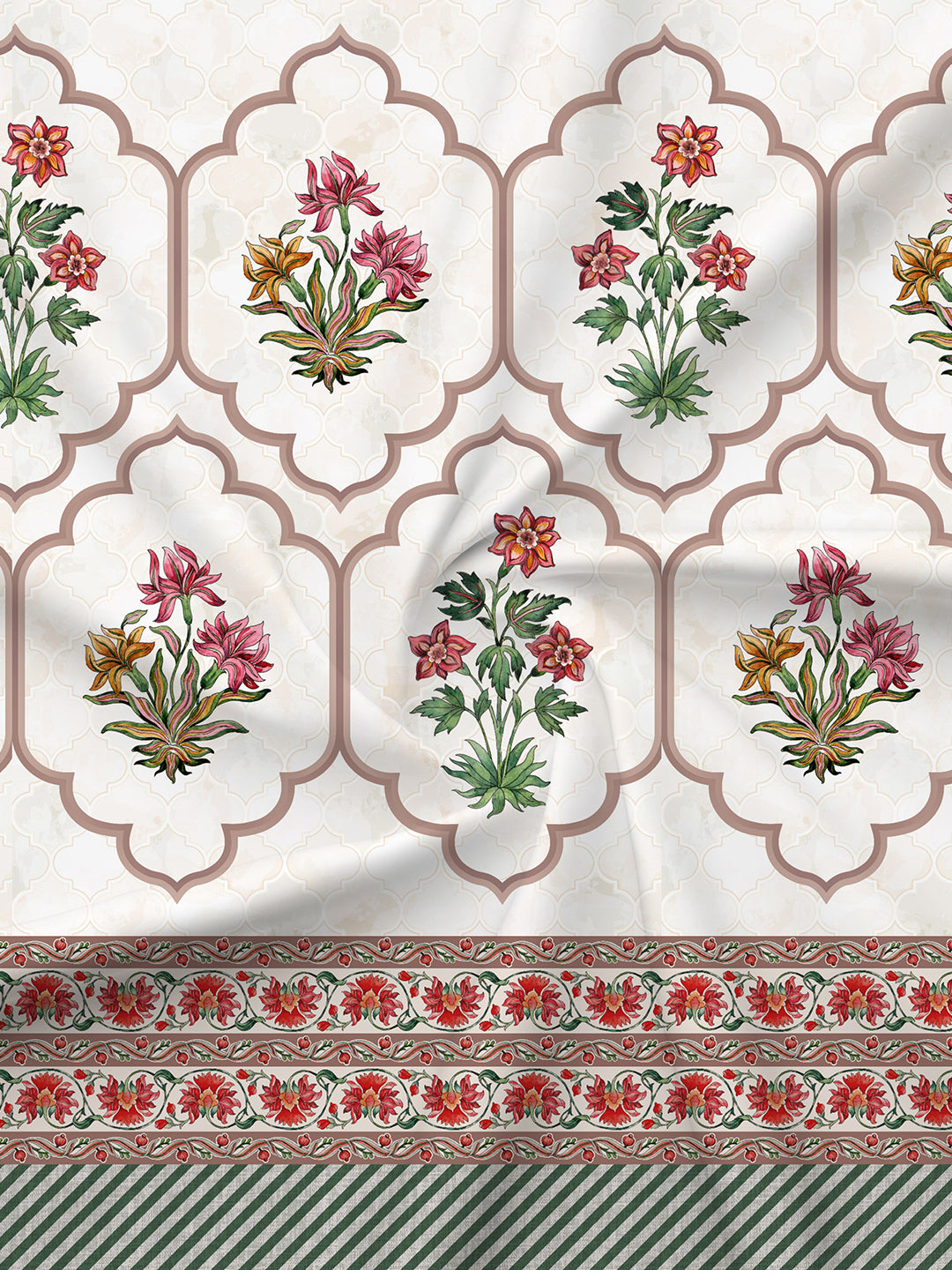 100% Cotton 300 TC, Red & White Digitally Printed King Bedsheet with 2 Pillow Covers (Gardenia Augusta Vintage Collection)