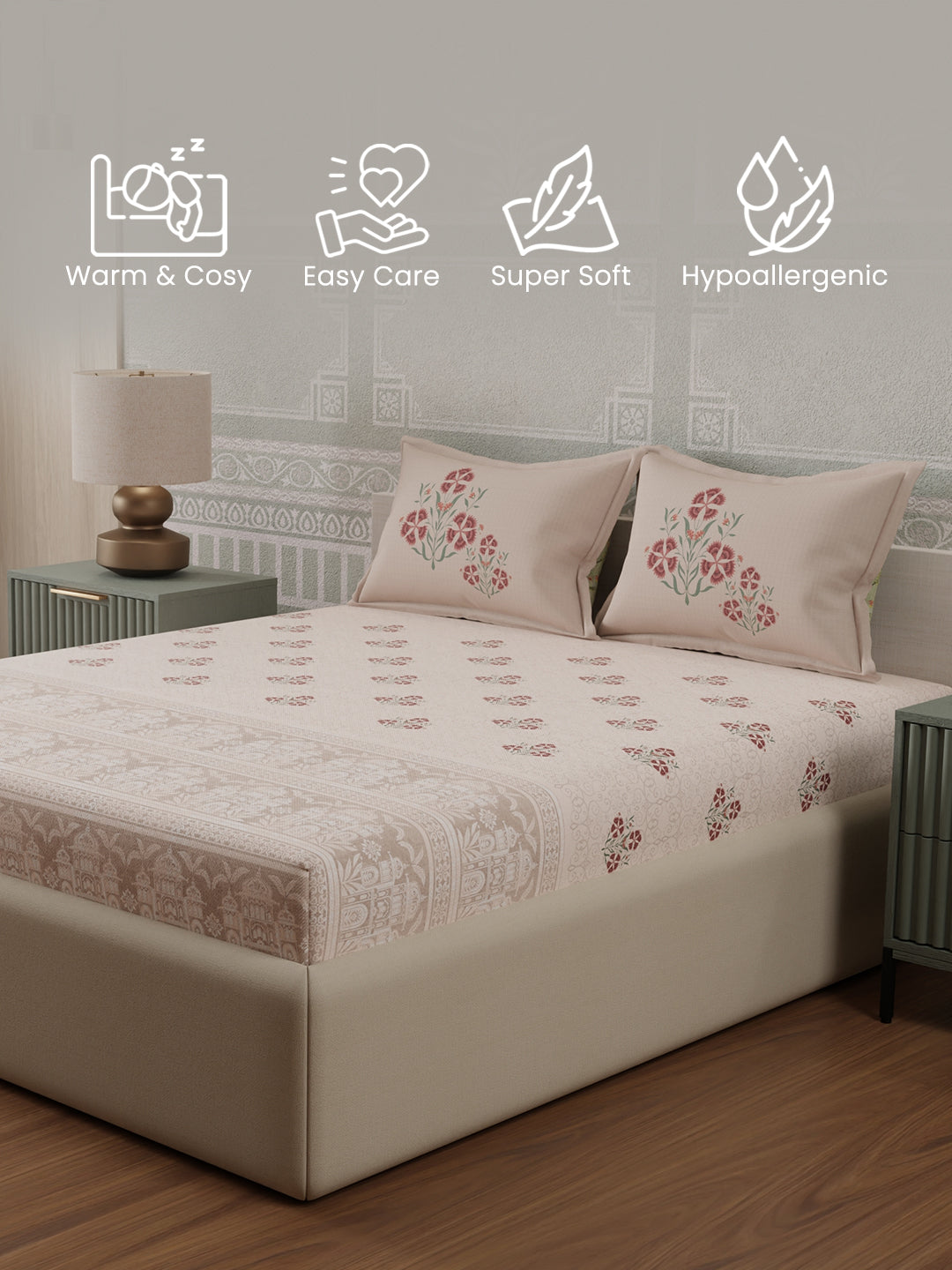 100% Cotton 300 TC, Light Pink Digitally Printed King Bedsheet with 2 Pillow Covers (Gardenia Augusta Vintage Collection)