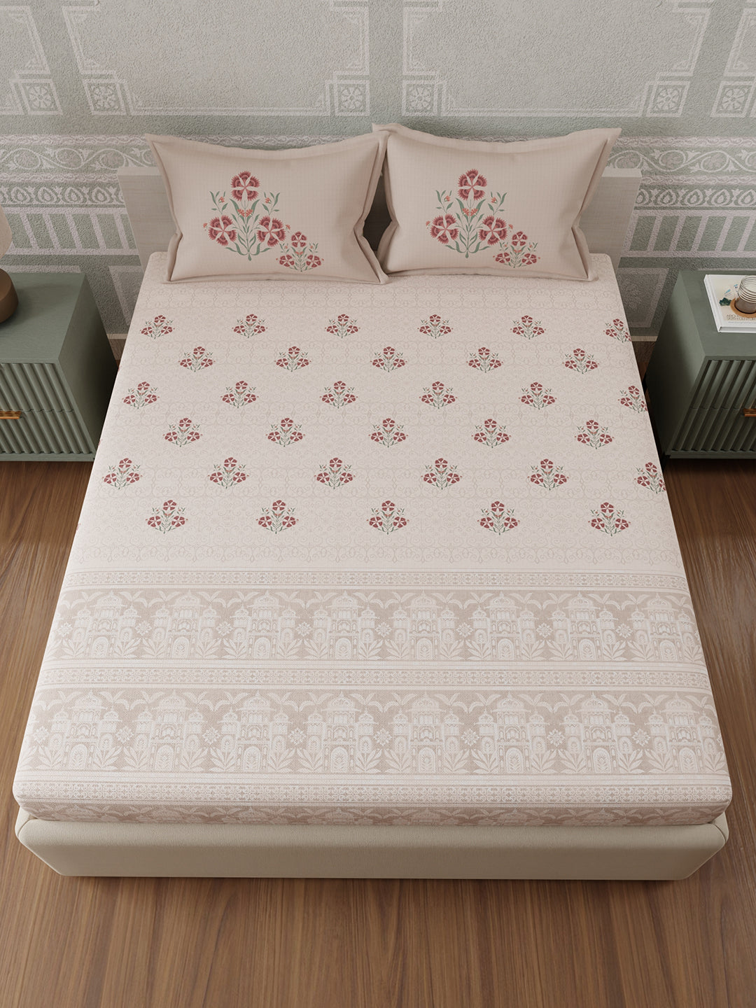 100% Cotton 300 TC, Light Pink Digitally Printed King Bedsheet with 2 Pillow Covers (Gardenia Augusta Vintage Collection)