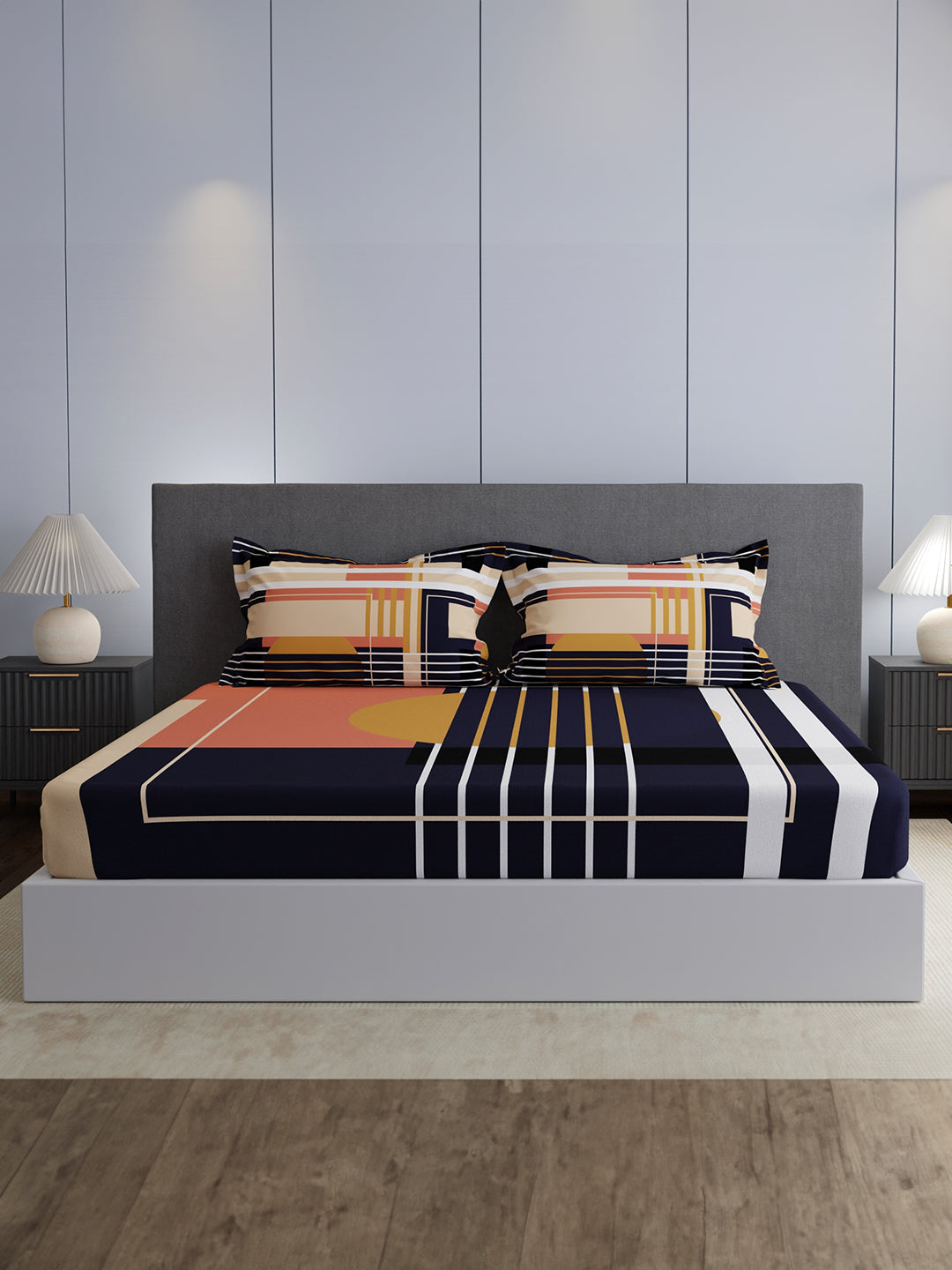 100% Cotton King Bedsheet Set, 300 TC Blue Geometric, Gardenia Augusta