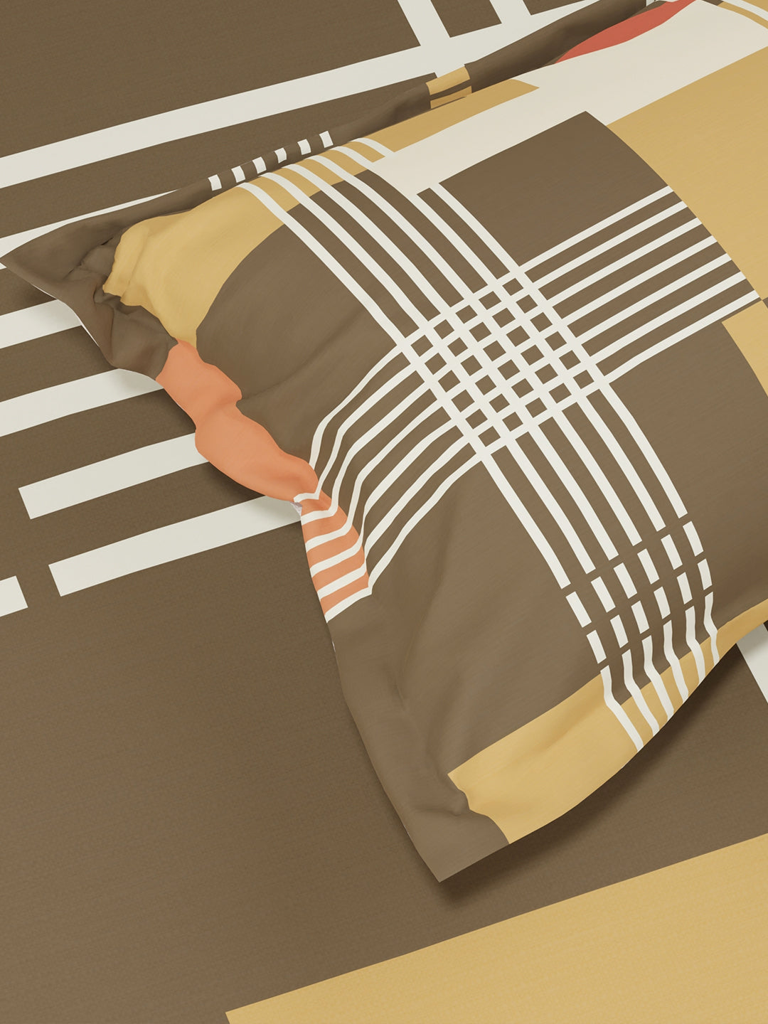 100% Cotton King Bedsheet Set, 300 TC Brown Geometric, Gardenia Augusta