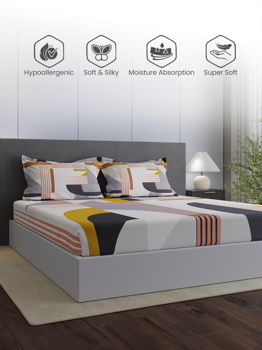 100% Cotton King Bedsheet Set, 300 TC Multicolor Geometric, Gardenia Augusta