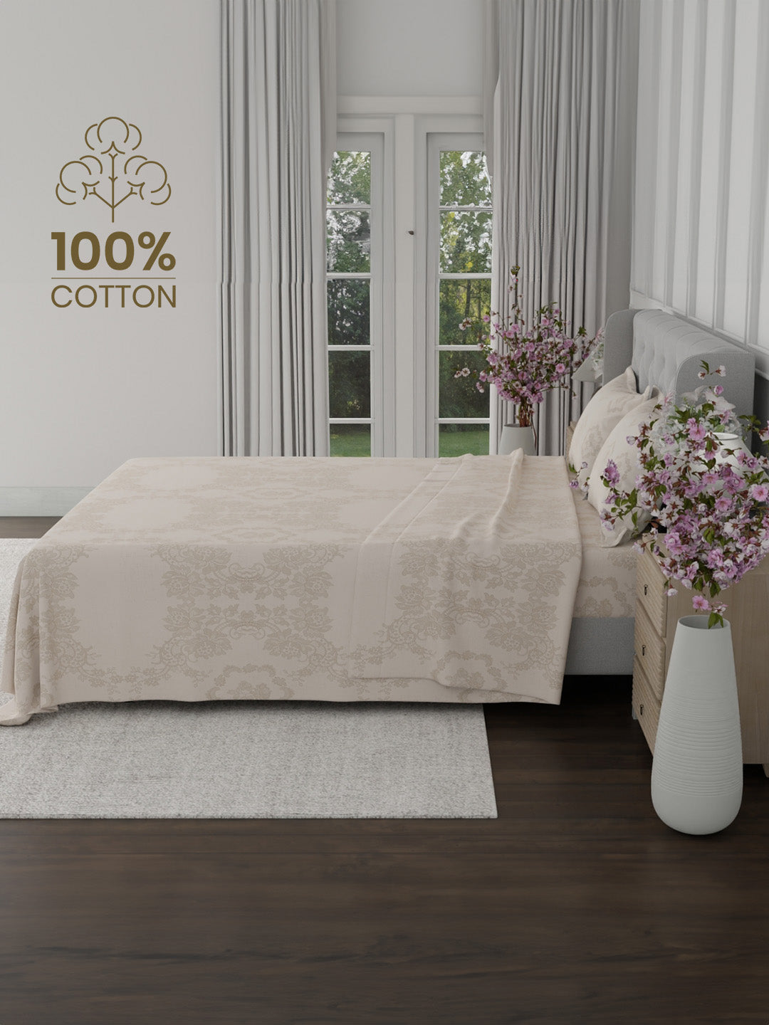 100% Cotton 300 TC, Printed King Bedsheet Set for Gifting, Cottage Garden