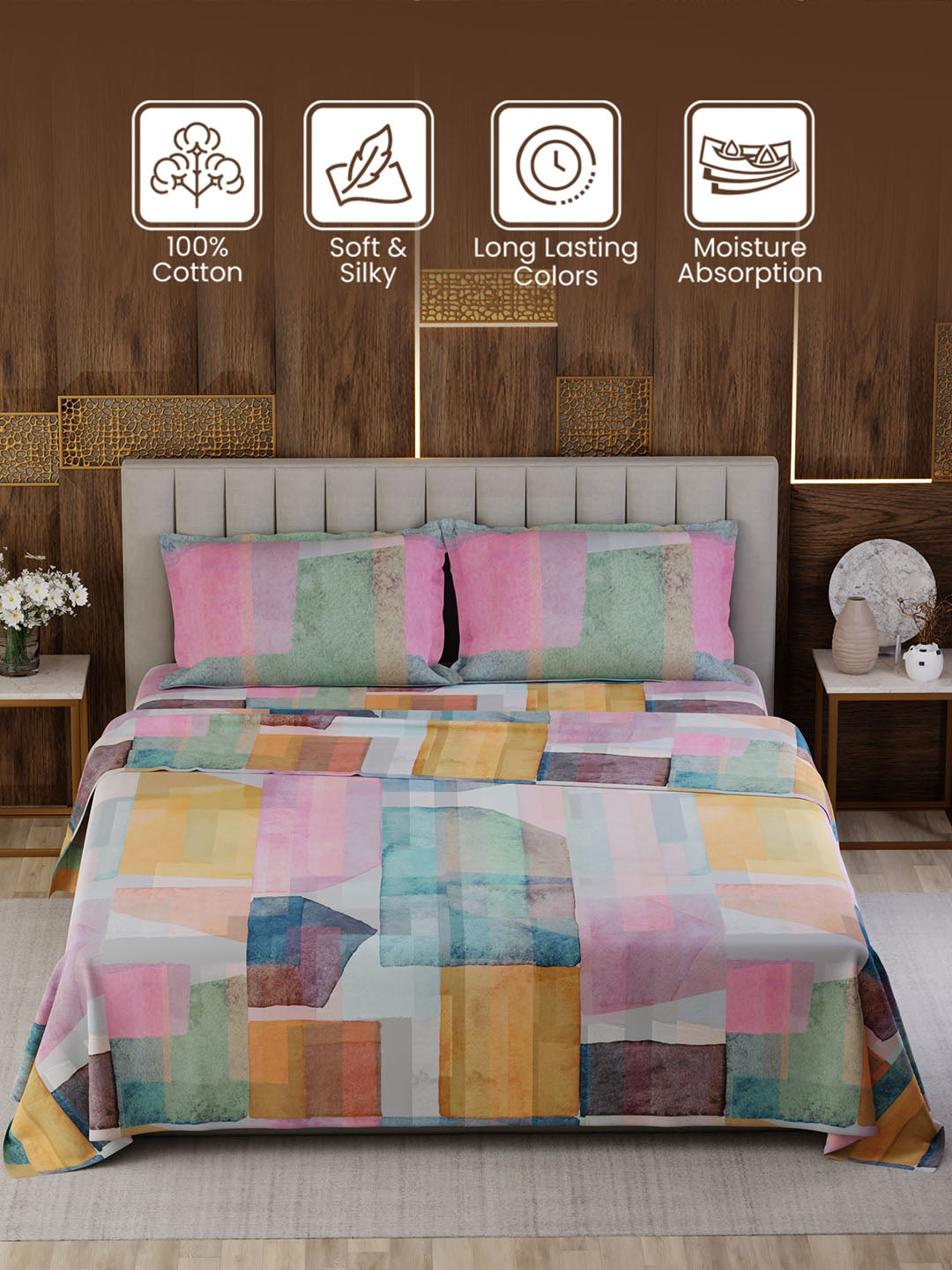 100% Cotton King Bedsheet Set, 300 TC Printed, Gardenia Augusta