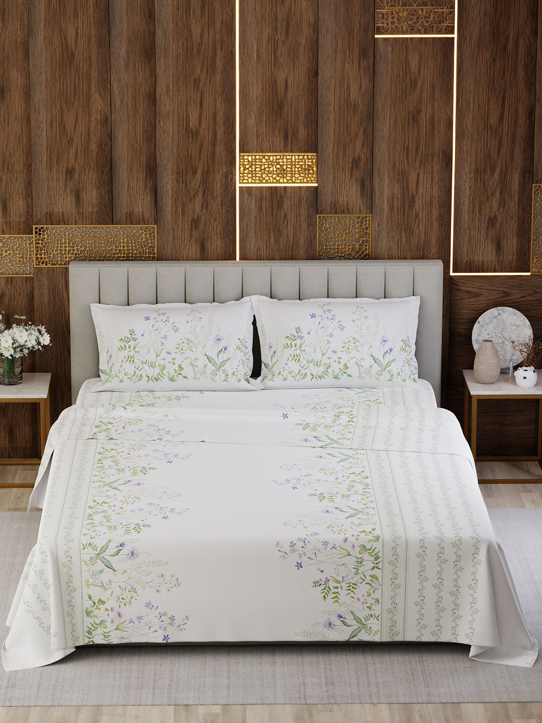 100% Cotton King Bedsheet Set, 300 TC Printed, Gardenia Augusta
