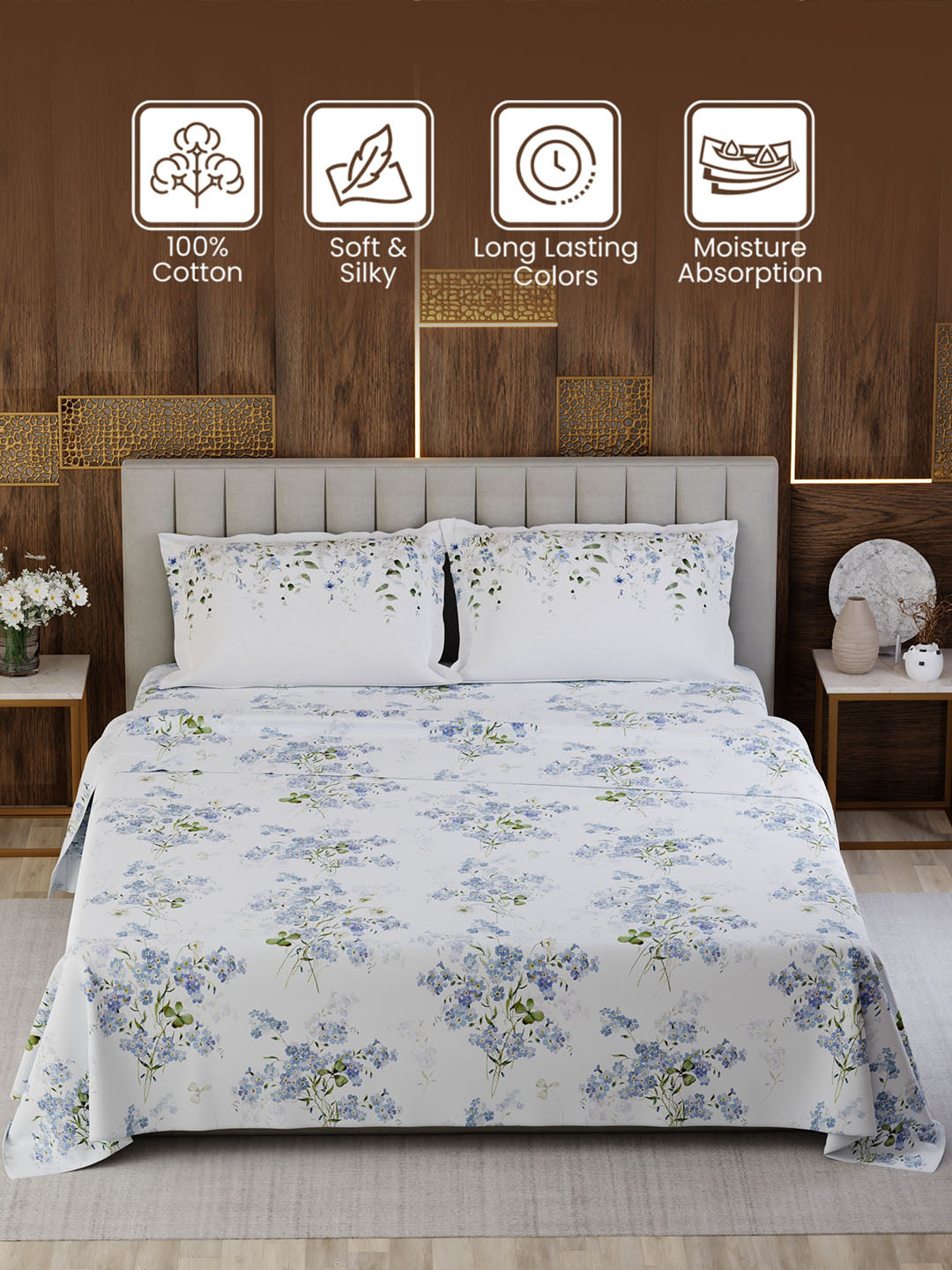 100% Cotton King Bedsheet Set, 300 TC Printed, Gardenia Augusta