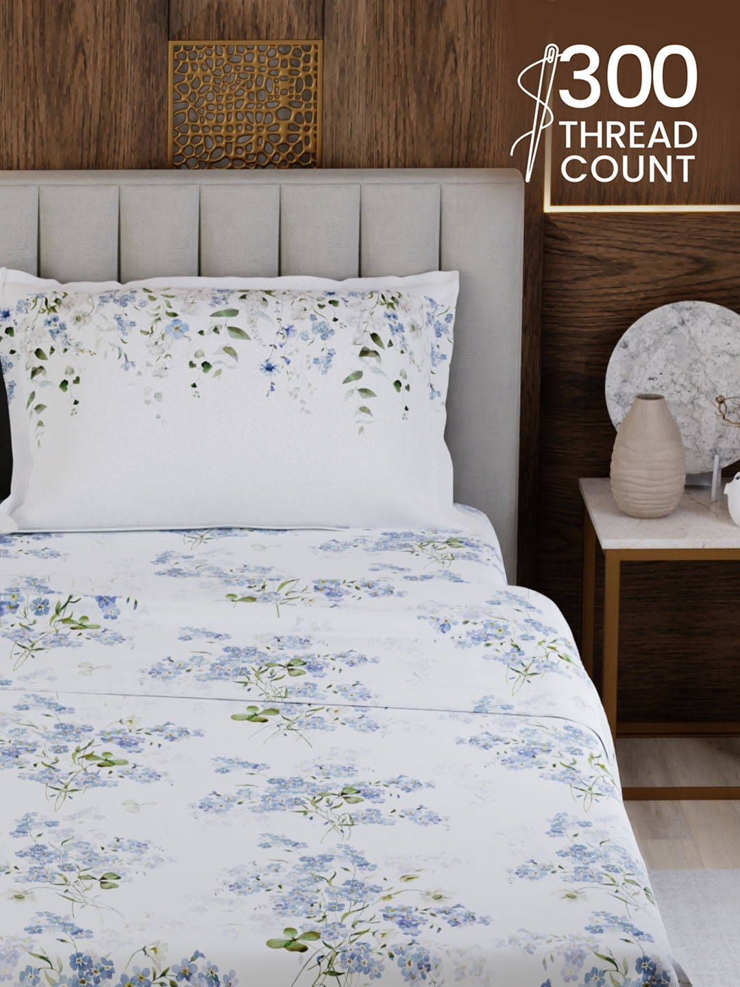 100% Cotton King Bedsheet Set, 300 TC Printed, Gardenia Augusta