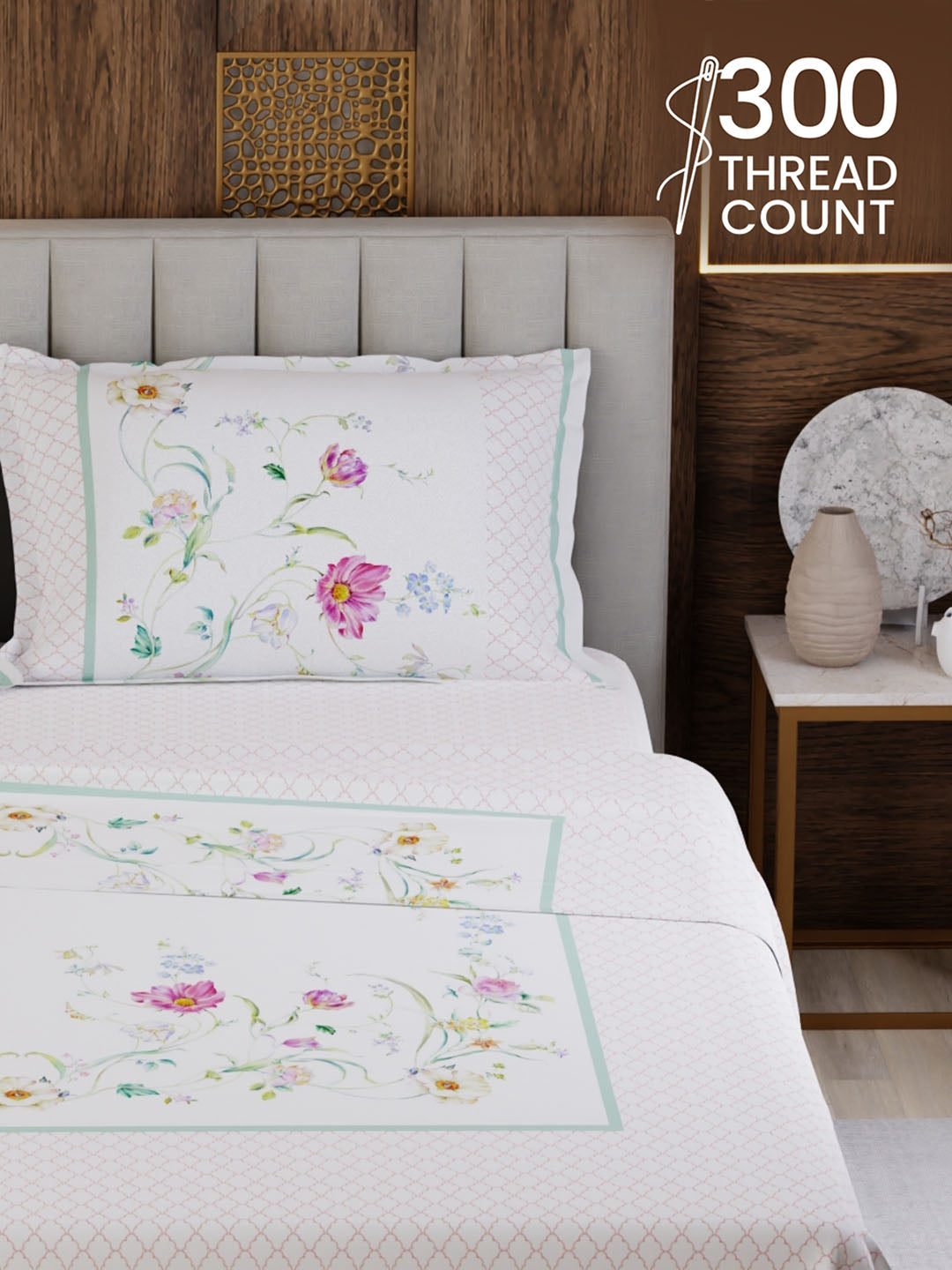 100% Cotton King Bedsheet Set, 300 TC Printed, Gardenia Augusta