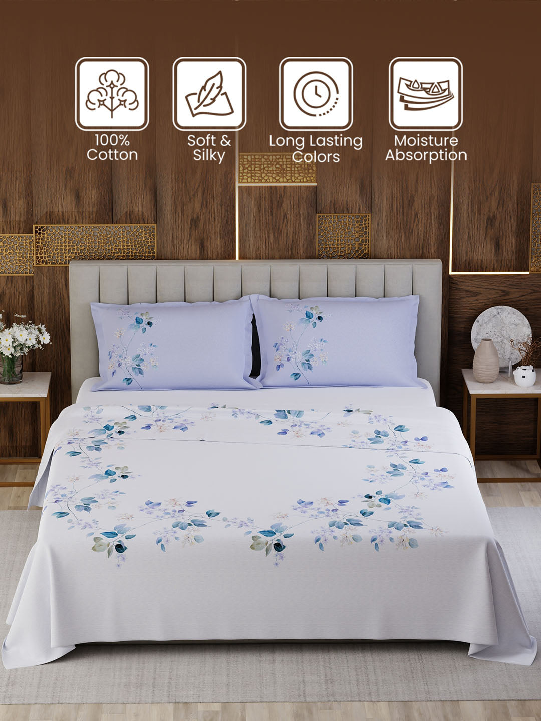 100% Cotton King Bedsheet Set, 300 TC Printed, Gardenia Augusta