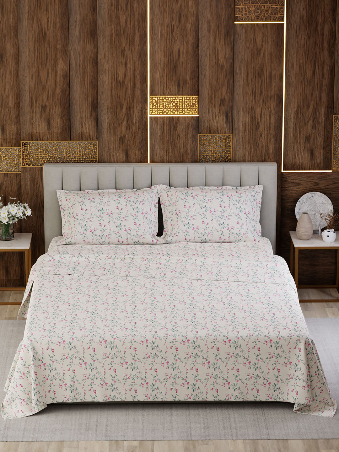 100% Cotton Super King Bedsheet Set, 300 TC Floral, Gardenia Augusta