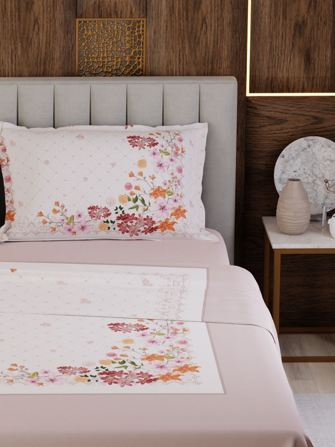 100% Cotton Super King Bedsheet Set, 300 TC Floral, Gardenia Augusta