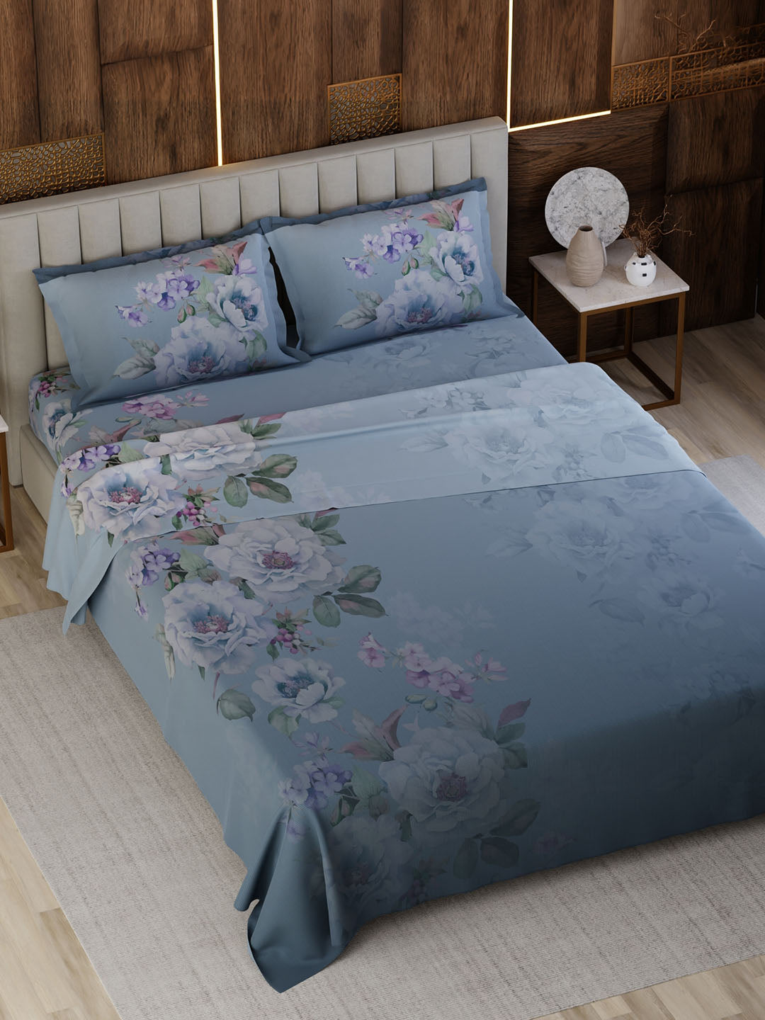 100% Cotton Super King Bedsheet Set, 300 TC Floral, Gardenia Augusta