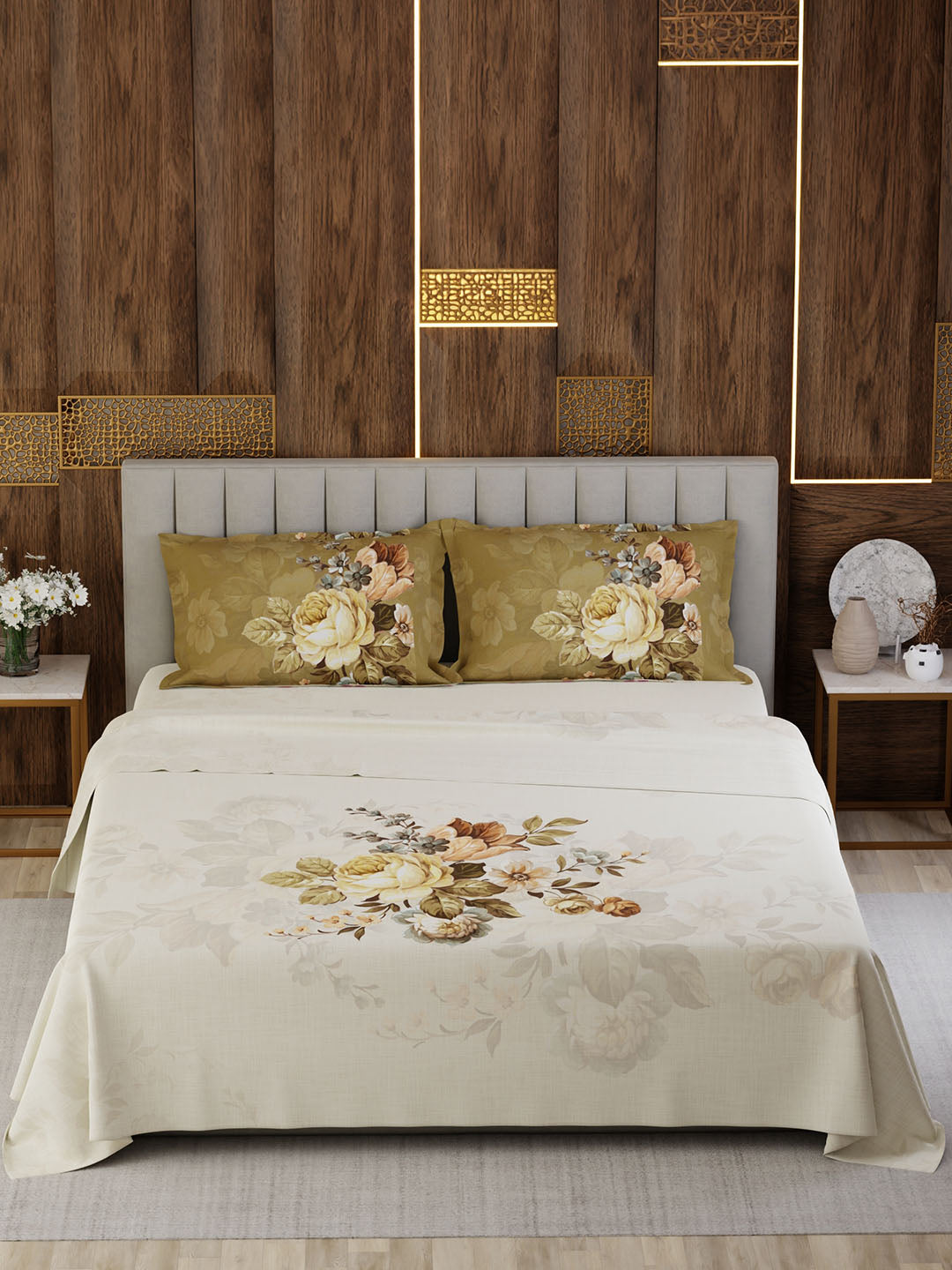 100% Cotton Super King Bedsheet Set, 300 TC Floral, Gardenia Augusta
