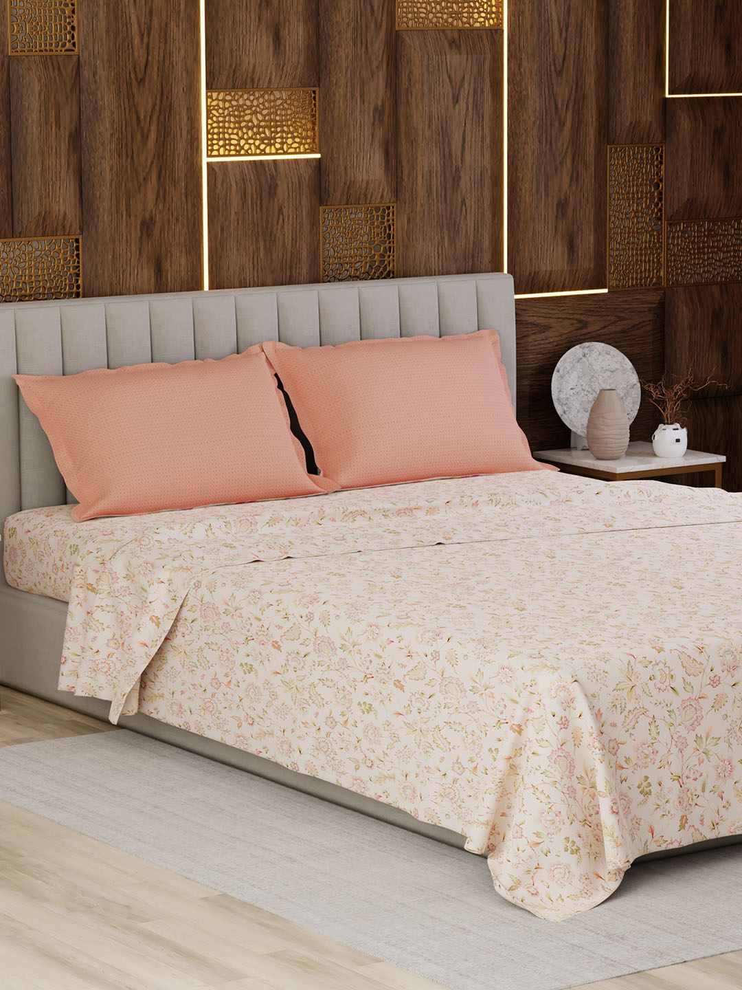 100% Cotton Super King Bedsheet Set, 300 TC Floral, Gardenia Augusta