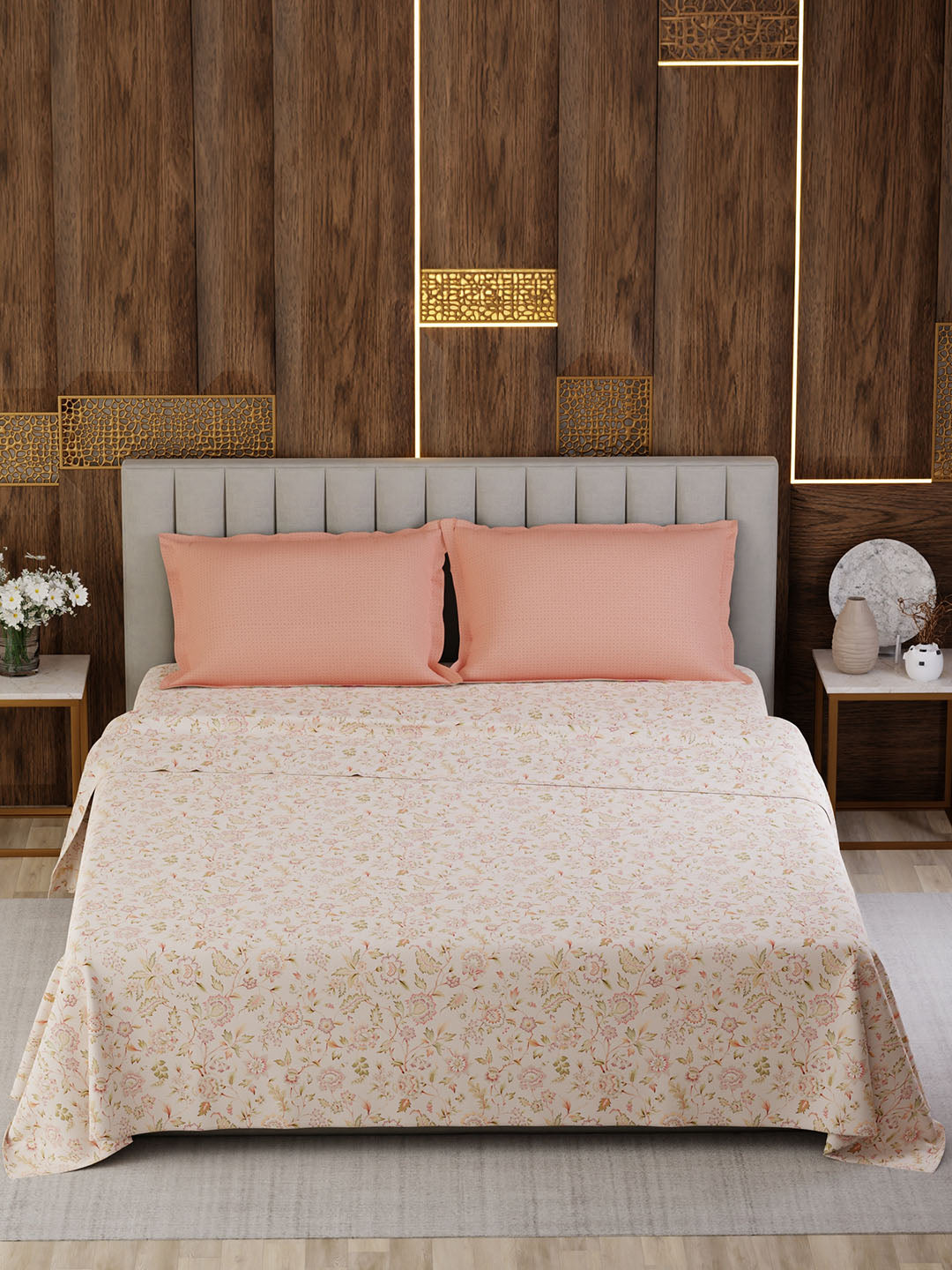 100% Cotton Super King Bedsheet Set, 300 TC Floral, Gardenia Augusta