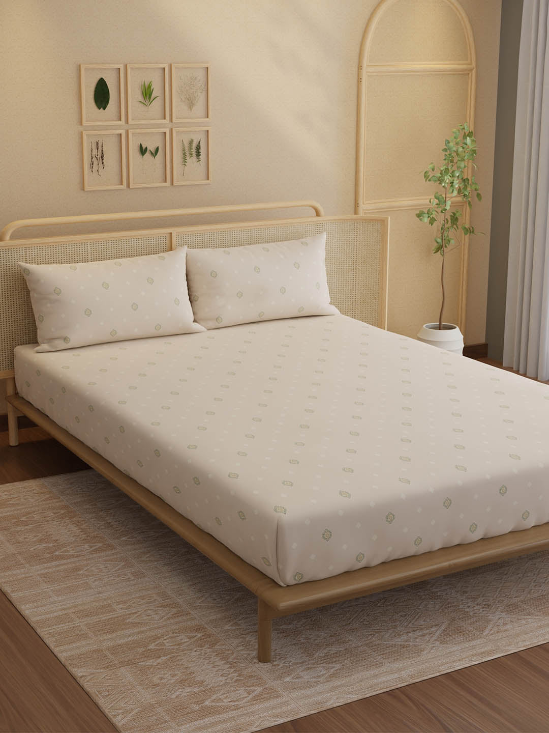 100% Kasturi Cotton, King Size, 200 TC Printed Fitted Sheet Set, Indo Musk