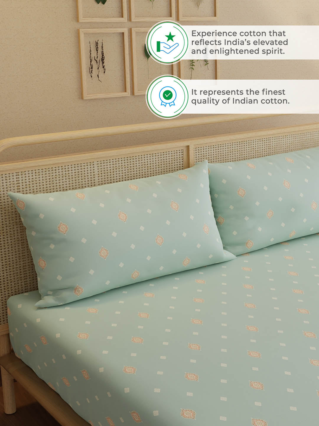 100% Kasturi Cotton, King Size, 200 TC Printed Fitted Sheet Set, Indo Musk