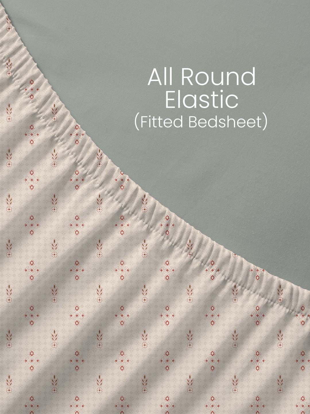 100% Kasturi Cotton, King Size, 200 TC Printed Fitted Sheet Set, Indo Musk