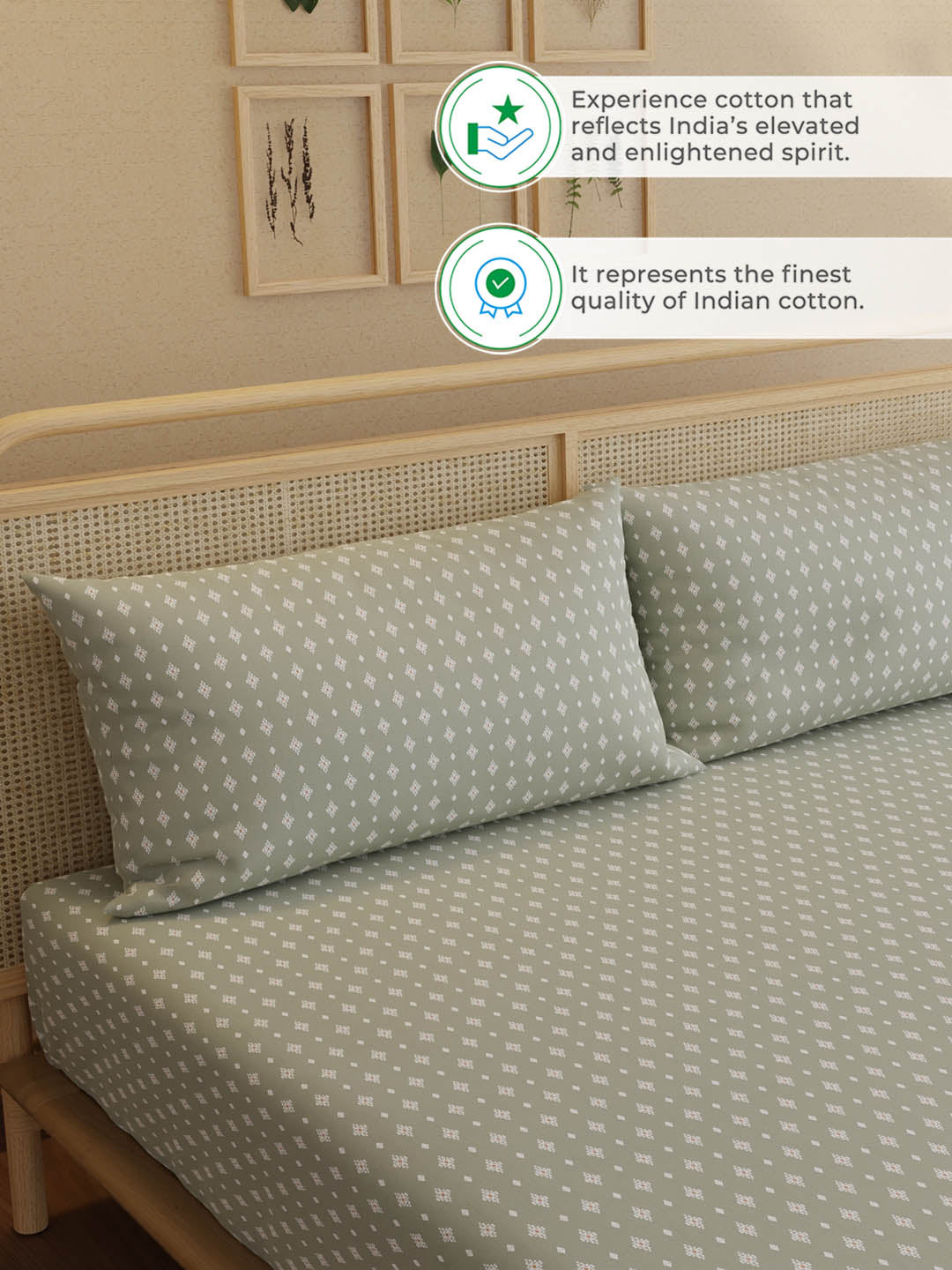 100% Kasturi Cotton, King Size, 200 TC Printed Fitted Sheet Set, Indo Musk